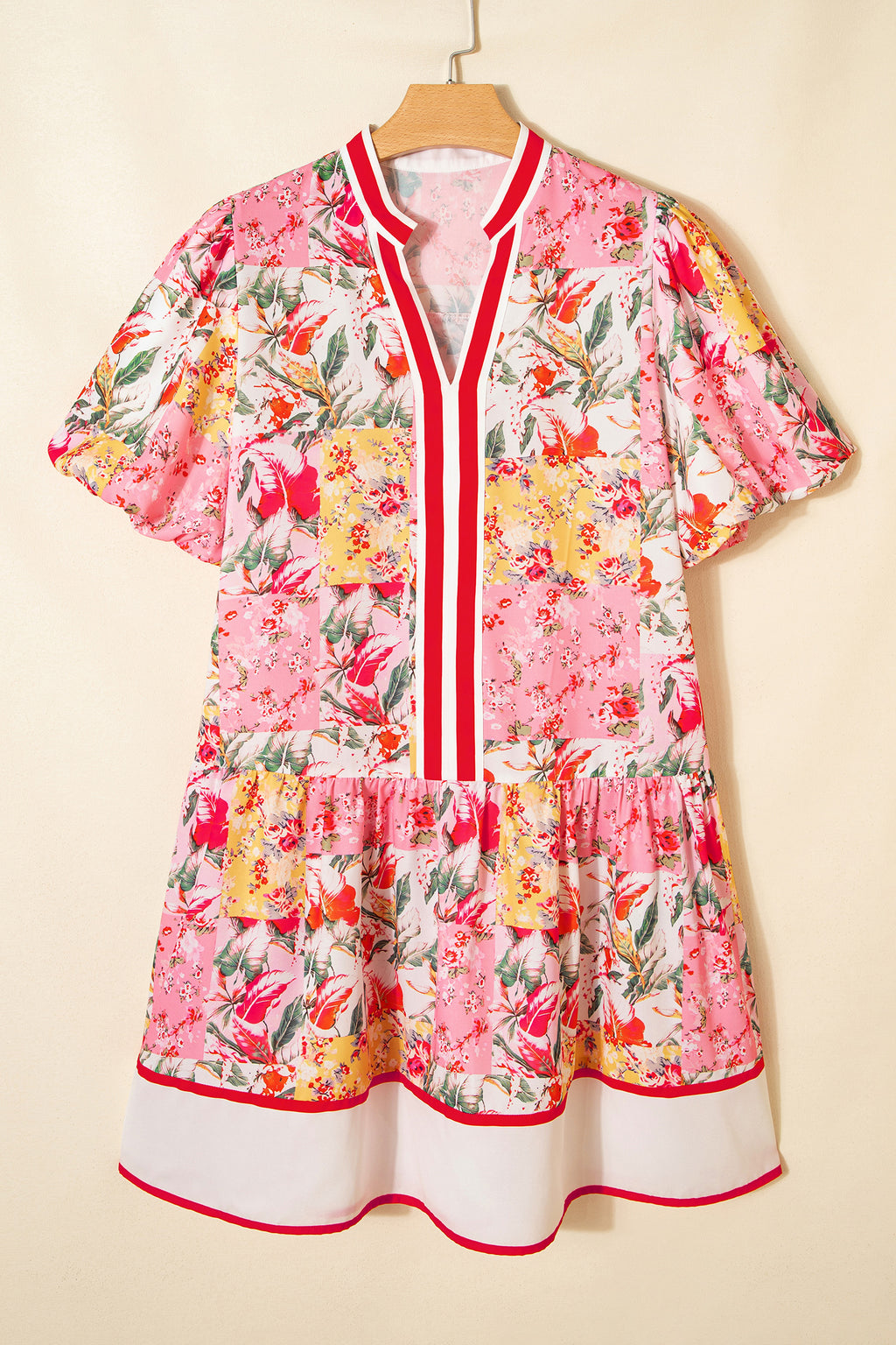 Pink Colour Block Floral Contrast Trim V Neck Ruffle Hem Mini Dress S-XL