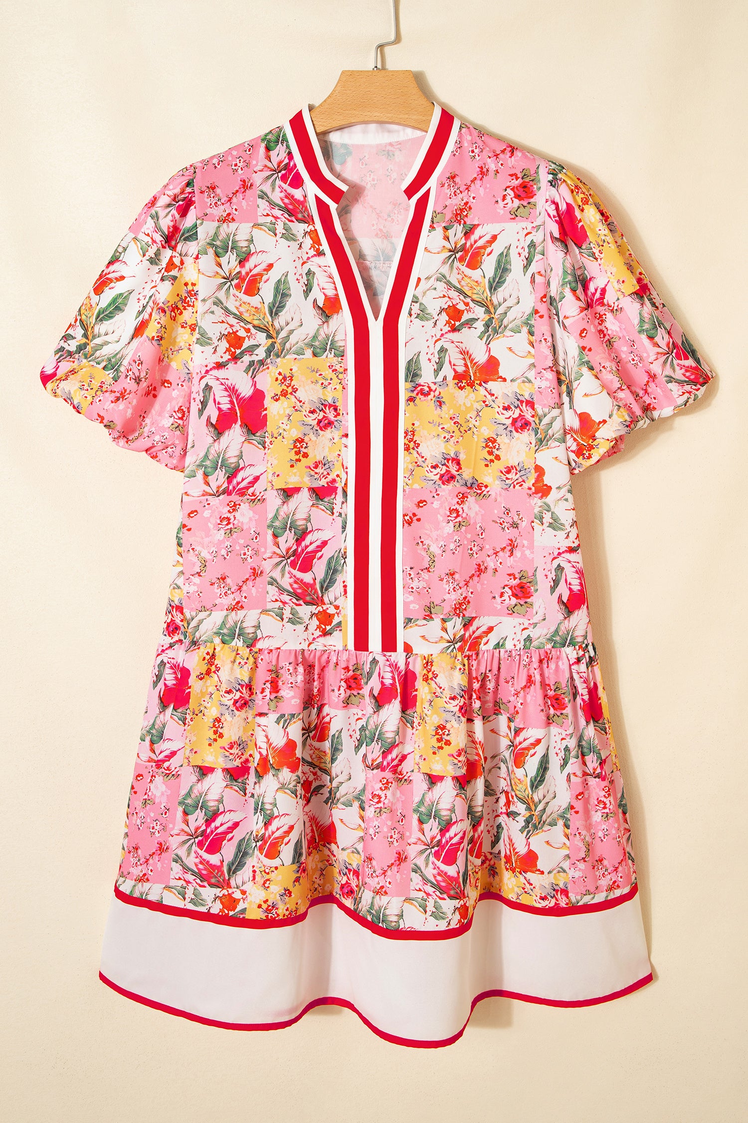 Pink Colour Block Floral Contrast Trim V Neck Ruffle Hem Mini Dress S-XL