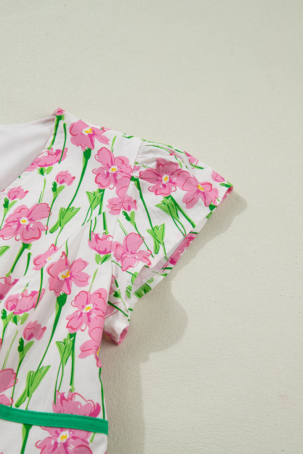 LivelyLooks Pink Floral Contrast Trim V-Neck Short Sleeve Elegant Midi Dress women's fashion