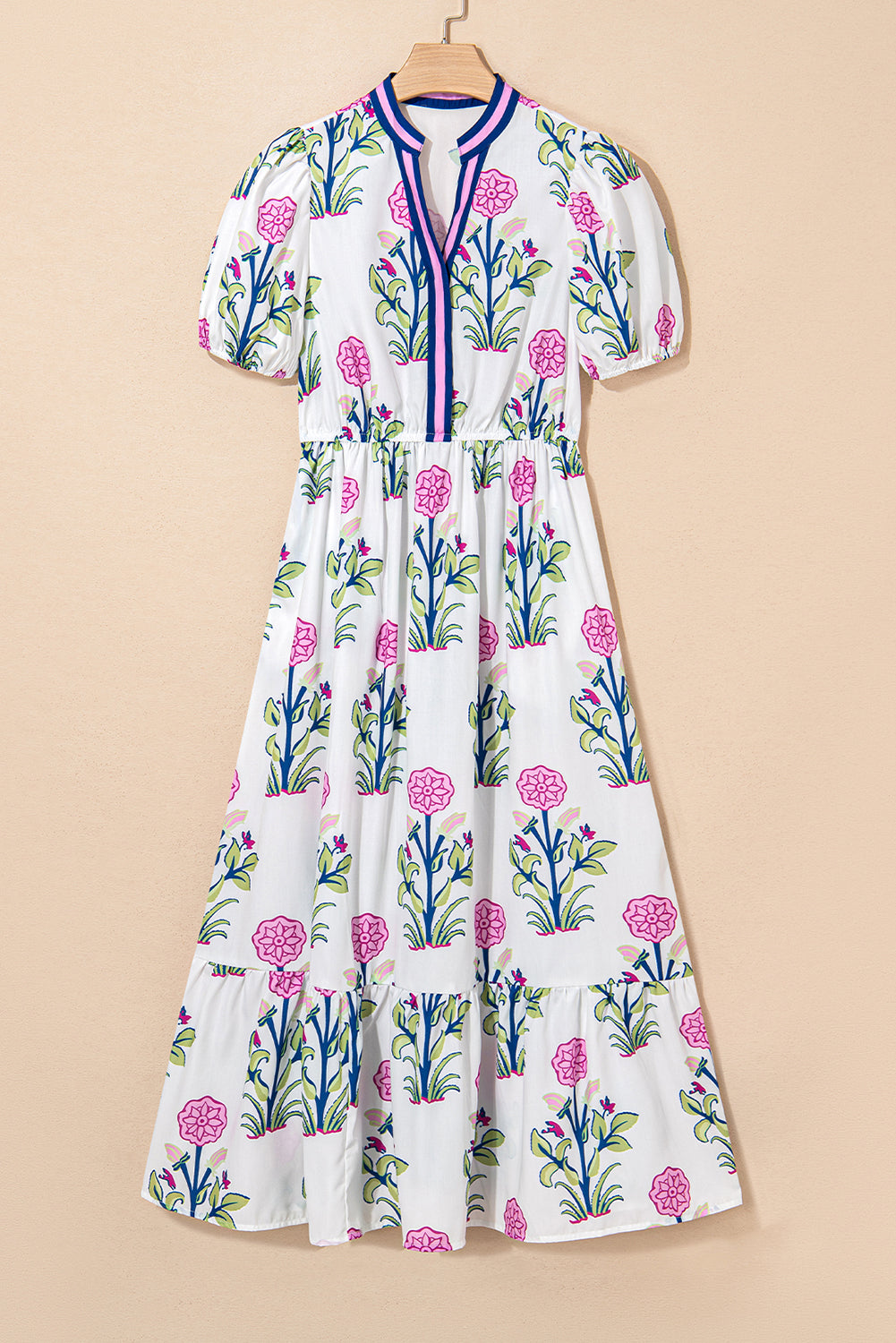 Women's Sky Blue Floral Puff Short Sleeve V Neck High Waist Maxi Dress at LivelyLooks