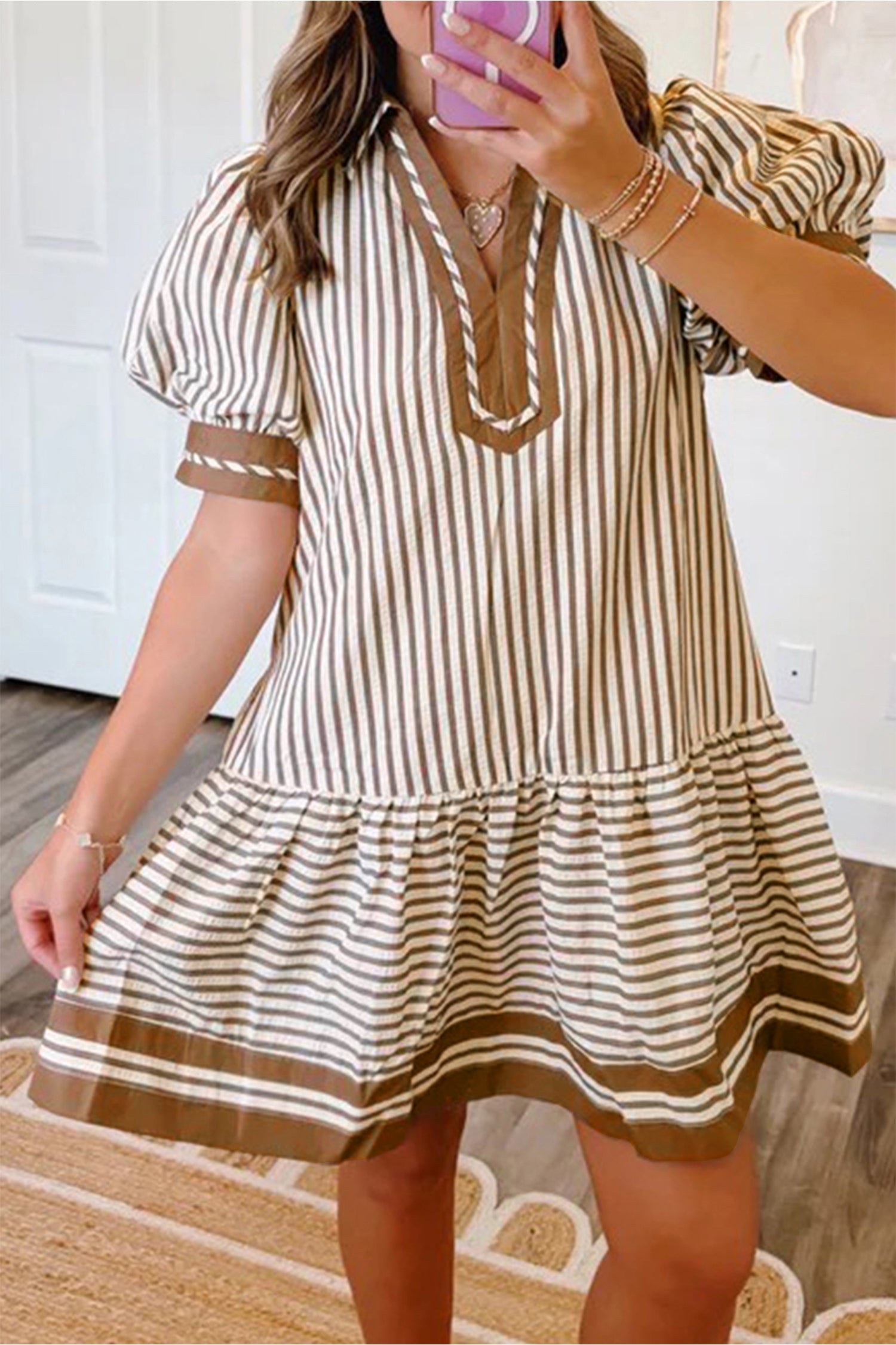 Brown Stripe Colour Block Ruffle Hem Shirt Collar Mini Dress S-XL