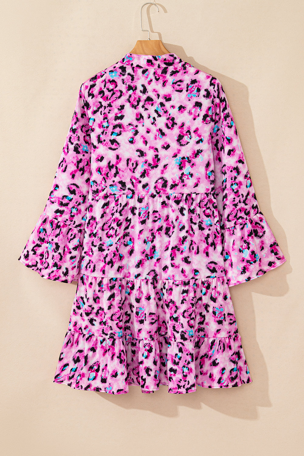 Women's Rose Leopard Print Buttoned Front 3/4 Sleeve Tiered Ruffle Hem Dress at LivelyLooks