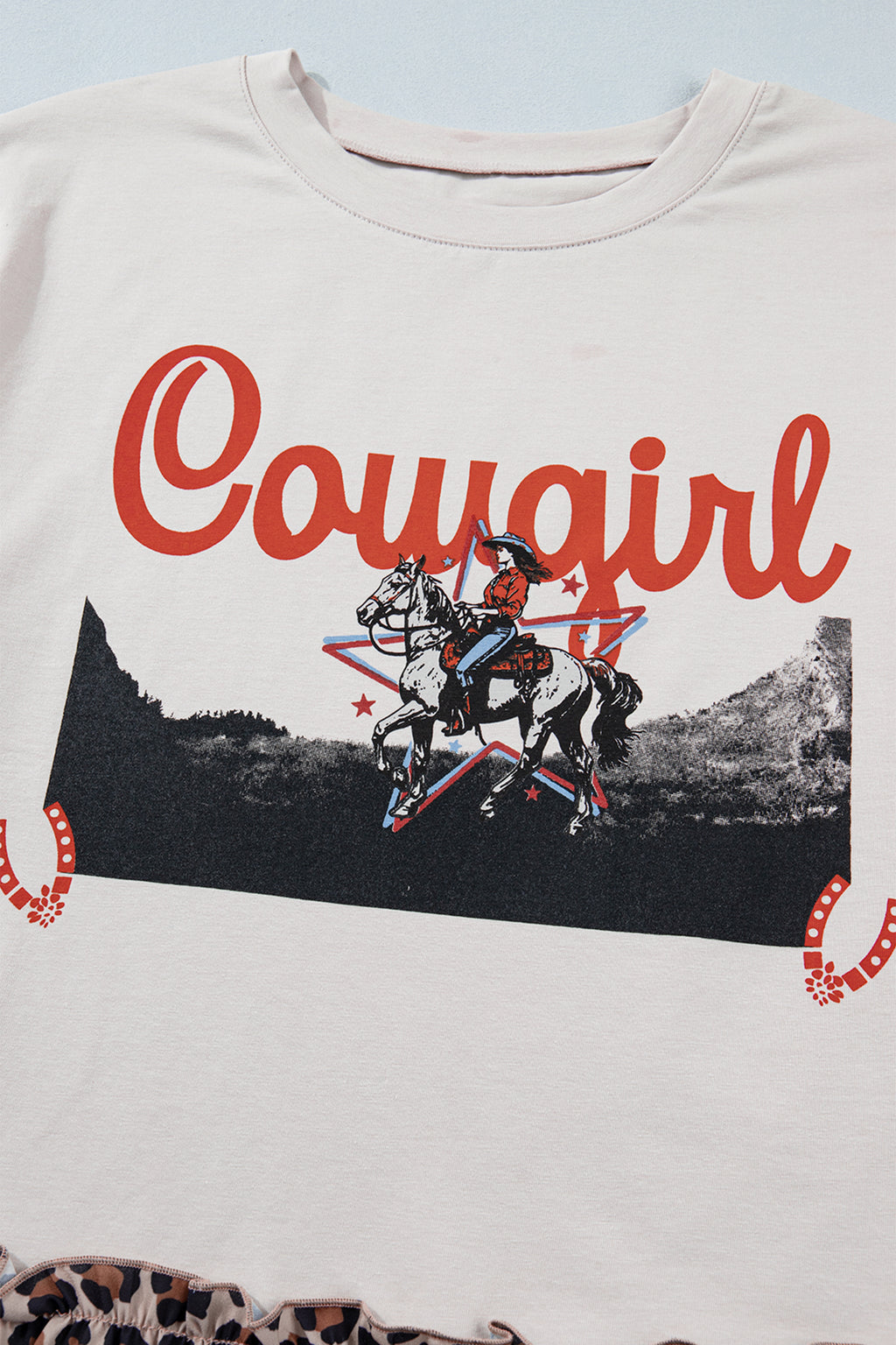 LivelyLooks White Retro Cowgirl Print Leopard Ruffle Hem Patchwork T-Shirt women's fashion