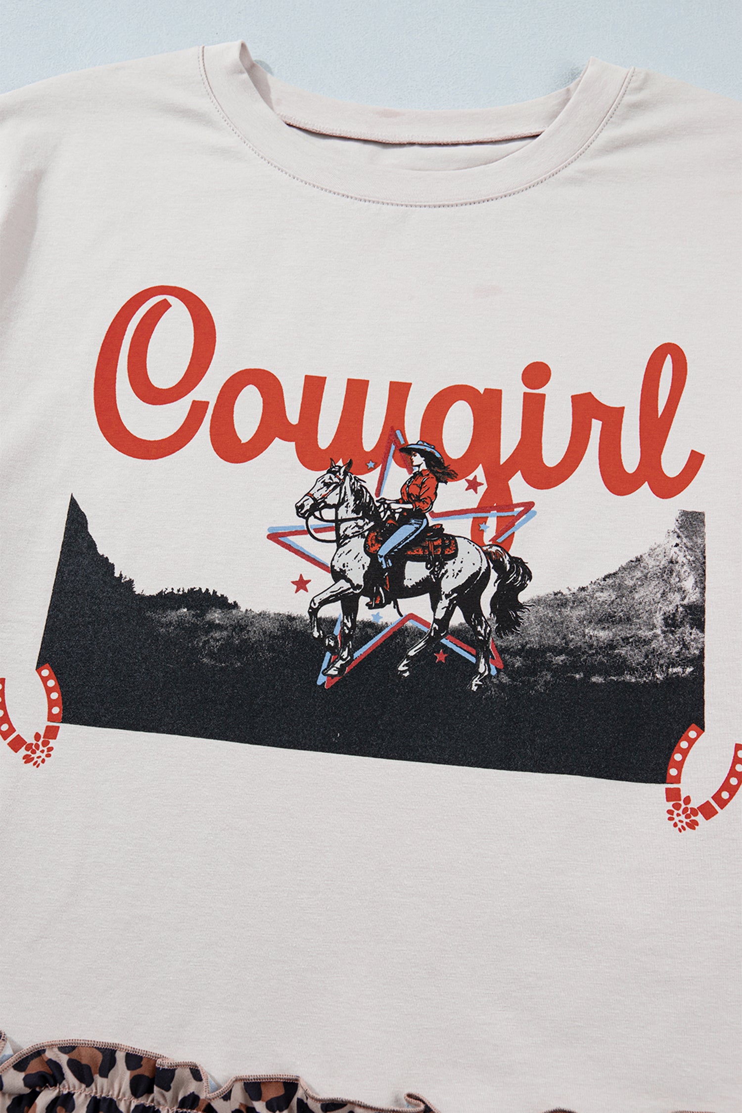 LivelyLooks White Retro Cowgirl Print Leopard Ruffle Hem Patchwork T-Shirt women's fashion