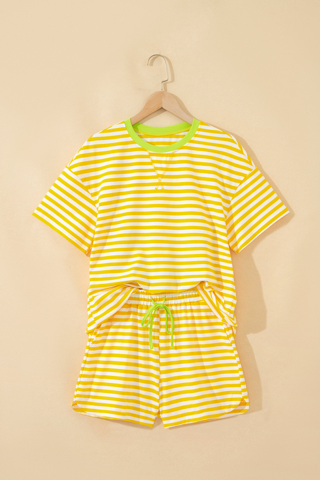 Women's Stripe Contrast Neck Tee & Drawstring Shorts Co-ord Set S-XL at LivelyLooks