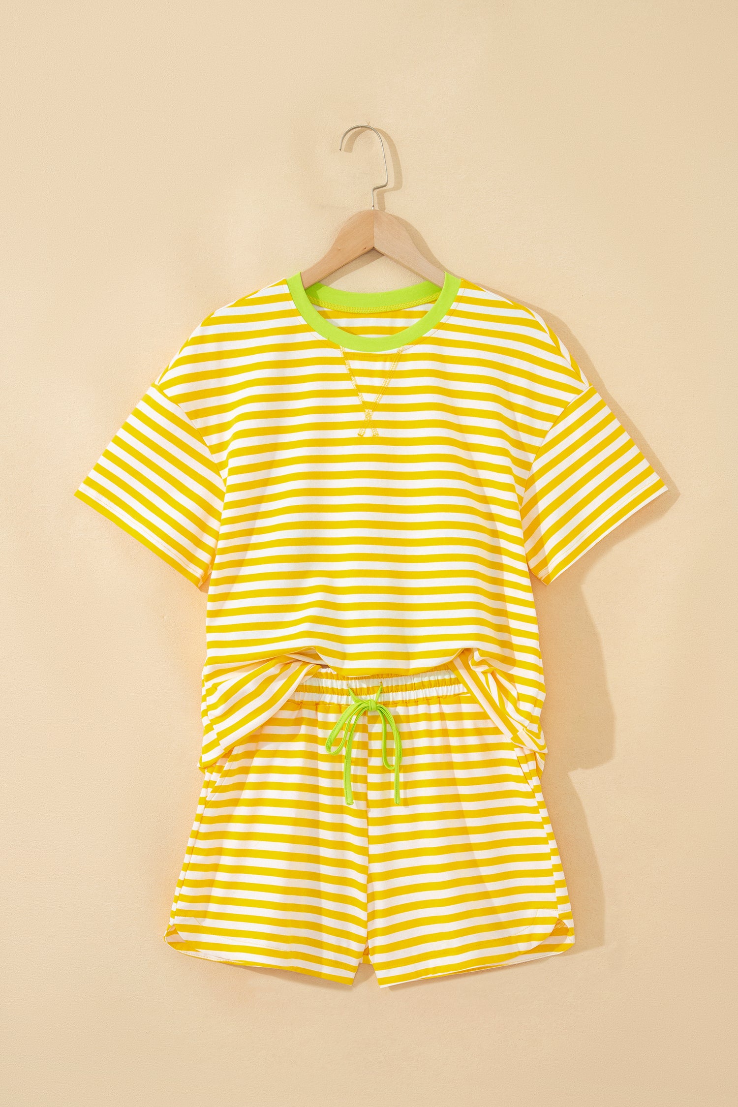 Women's Stripe Contrast Neck Tee & Drawstring Shorts Co-ord Set S-XL at LivelyLooks