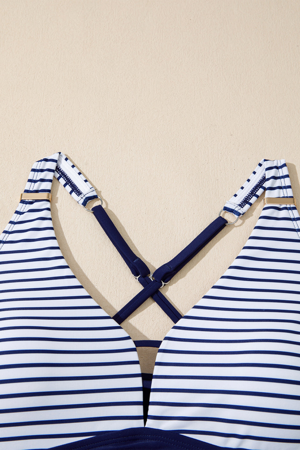 Women's Women Stripe Patchwork Crossed Straps A-Line One Piece Swim Dress Blue Navy S-2XL at LivelyLooks