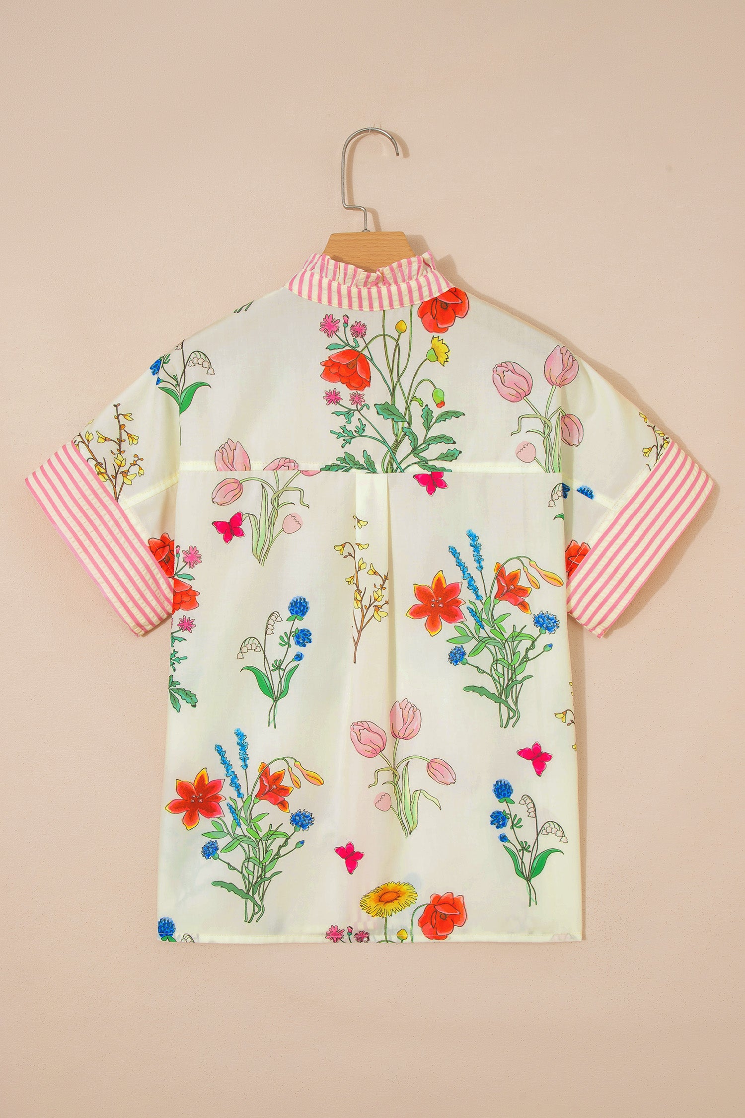 Floral Striped Ruffled Collar Shirt Short Sleeve Beige Sky Blue UK 8-22