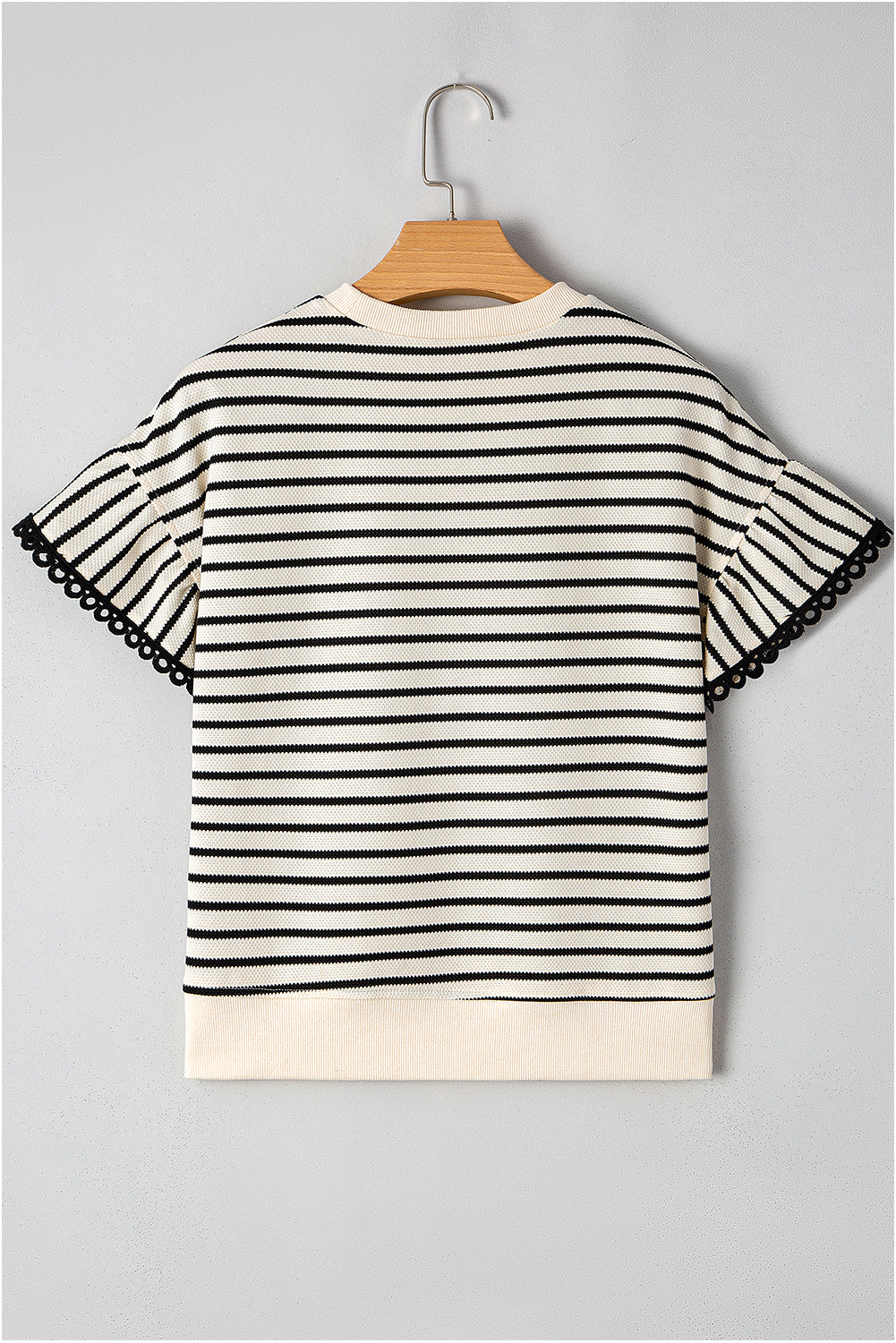 Black Stripe Ruffle Sleeve Crewneck Top | Lace Trim | S-XL