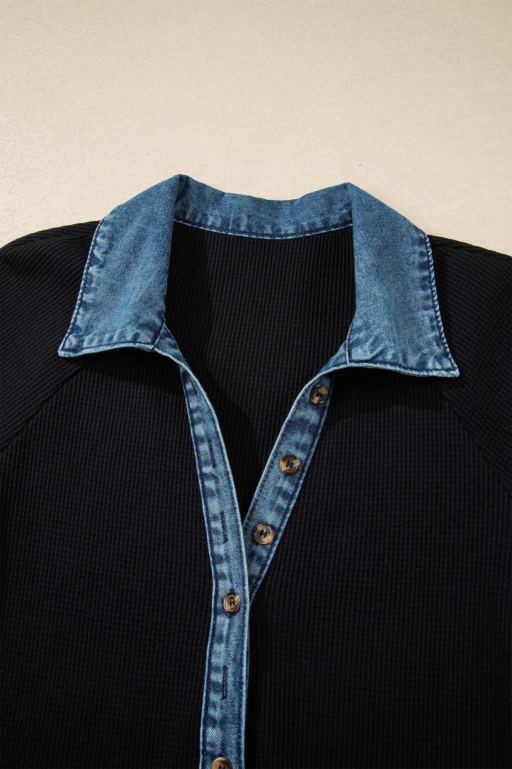 Black Waffle Knit Denim Contrast Trim Polo Button Tee Dress