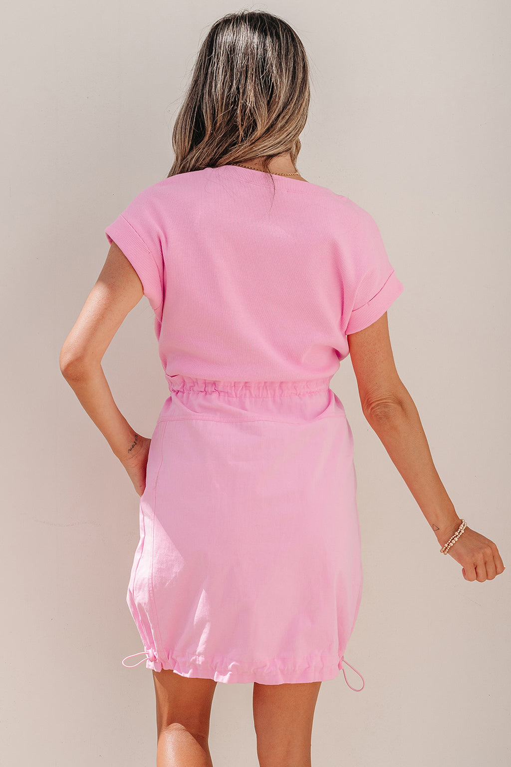 LivelyLooks Pink Cuffed Short Sleeve Patchwork Drawstring Mini Dress S-XL women's fashion