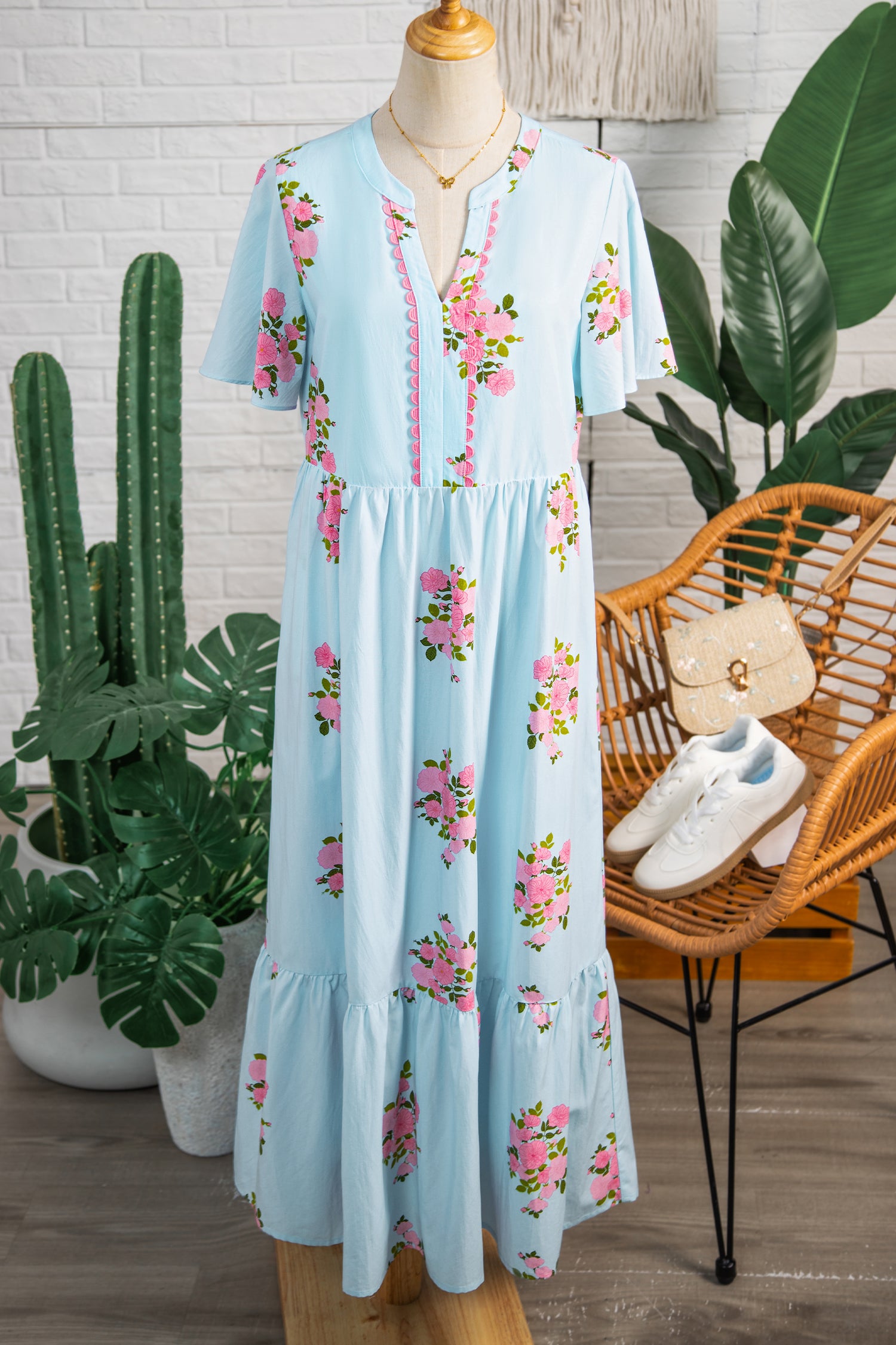 Women's Women's Floral Maxi Dress Flutter Sleeve Notched Neck Summer Holiday Pink Blue at LivelyLooks