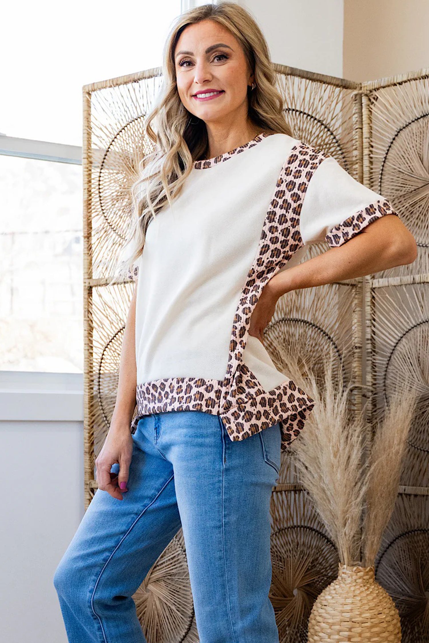 LivelyLooks White Ribbed Leopard Patchwork Uneven Hem T-Shirt women's fashion