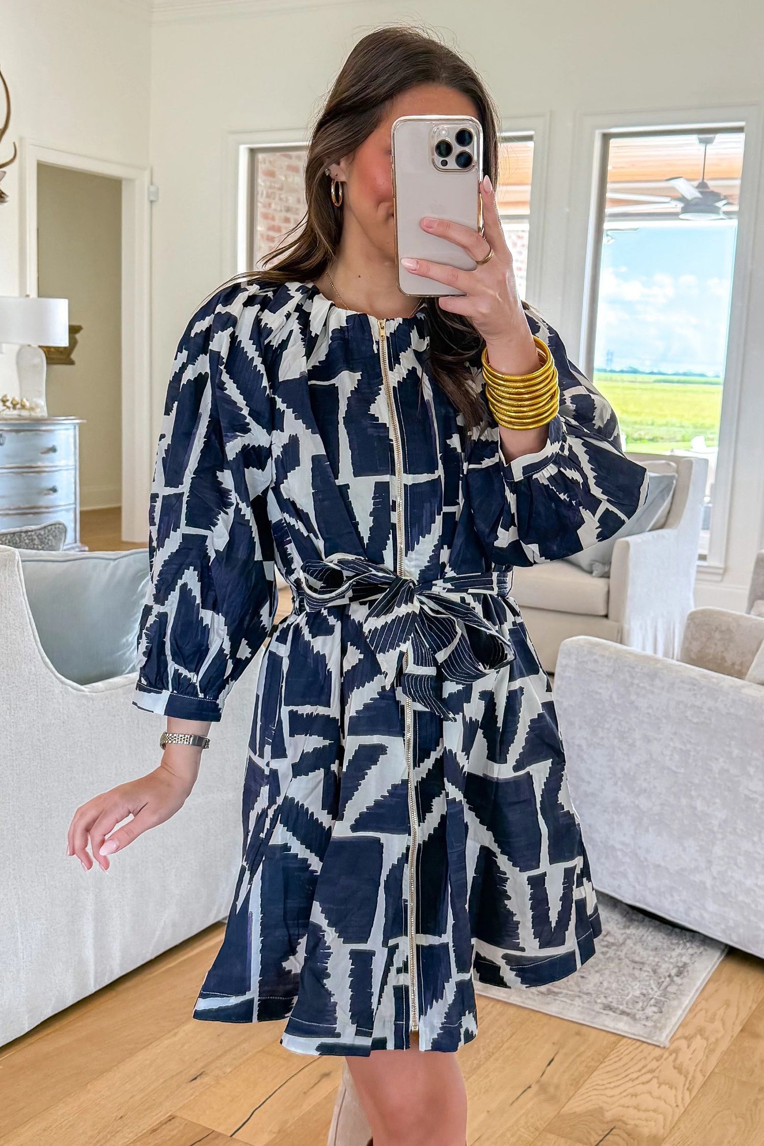Blue Abstract Geometric Print Zip Front Tie Waist Shift Dress S-XL