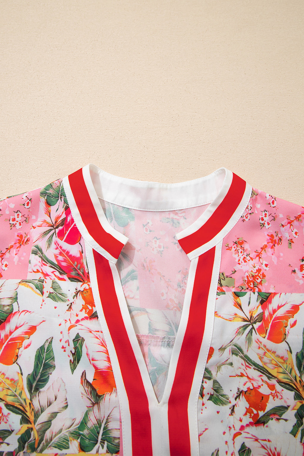 Pink Colour Block Floral Contrast Trim V Neck Ruffle Hem Mini Dress S-XL