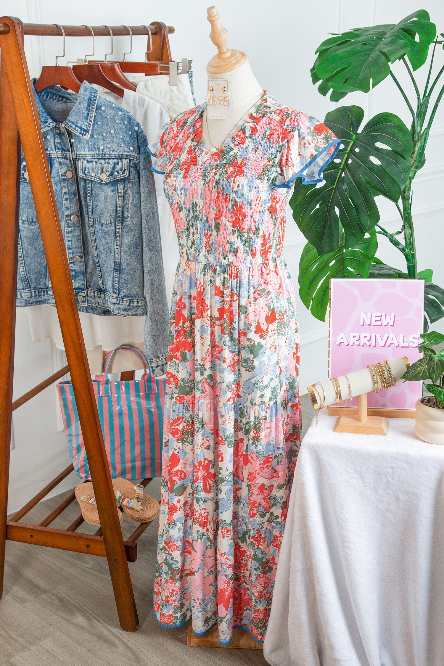 Apricot Floral Print Maxi Dress V Neck Flutter Sleeve Tiered Women S-XL