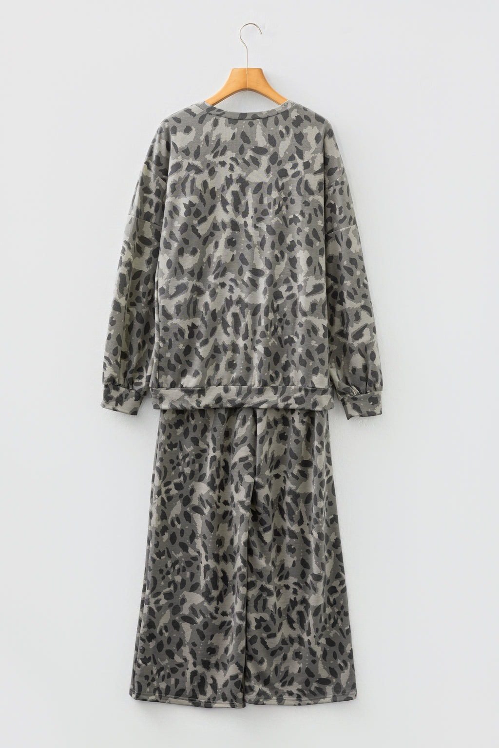 Leopard Print Raw Seam Pullover & Wide Leg Pant Set | Brown & Grey