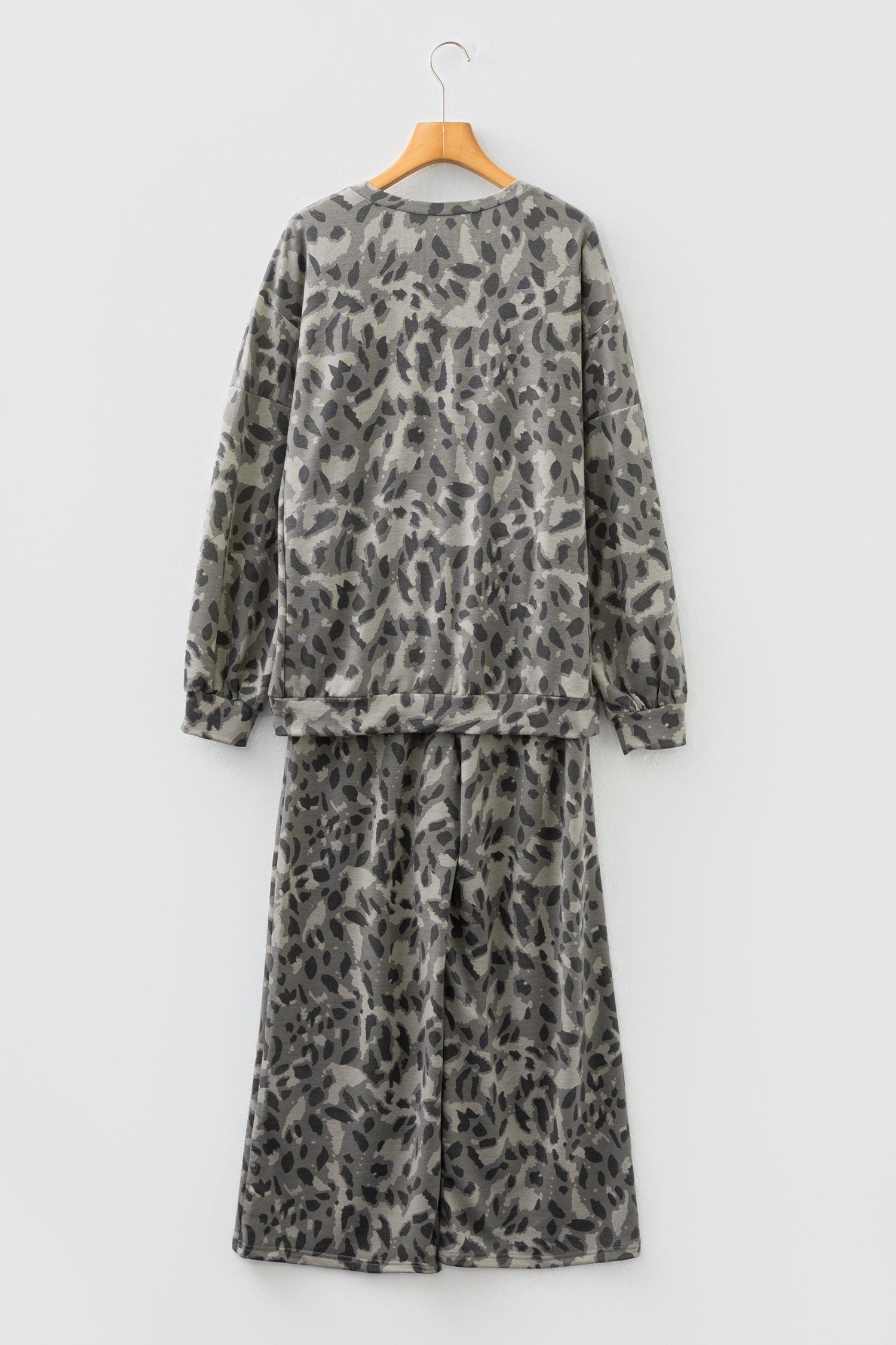 Leopard Print Raw Seam Pullover & Wide Leg Pant Set | Brown & Grey