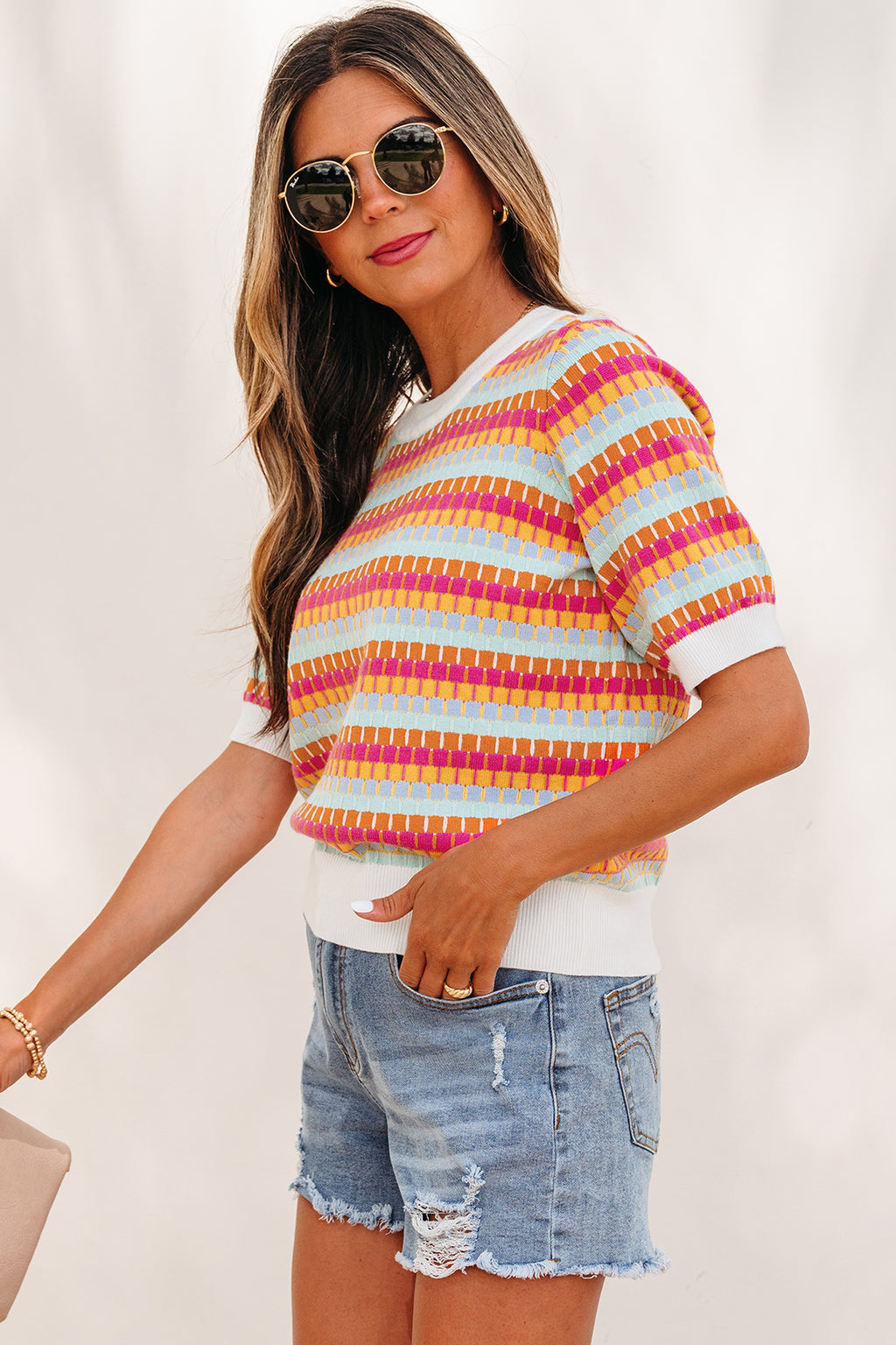 Women's Rose Red Abstract Stripe Knit Short Sleeve Sweater at LivelyLooks