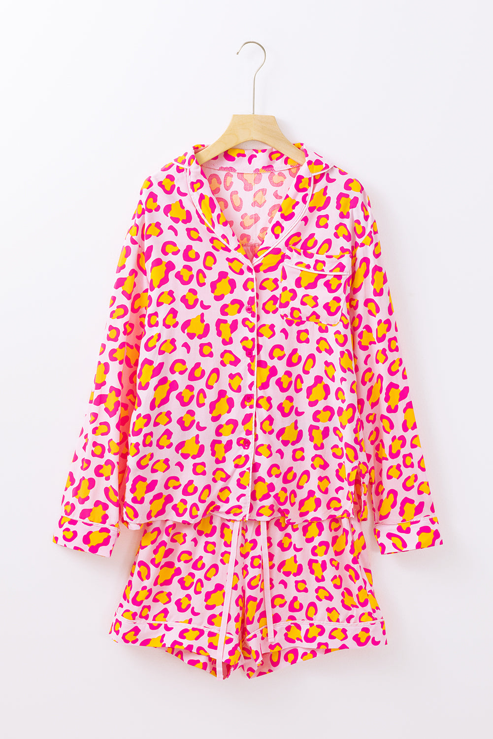 Women's Orange Leopard Print Long Sleeve Shirt and Shorts Pyjama Set Nightwear PJ Lounge at LivelyLooks