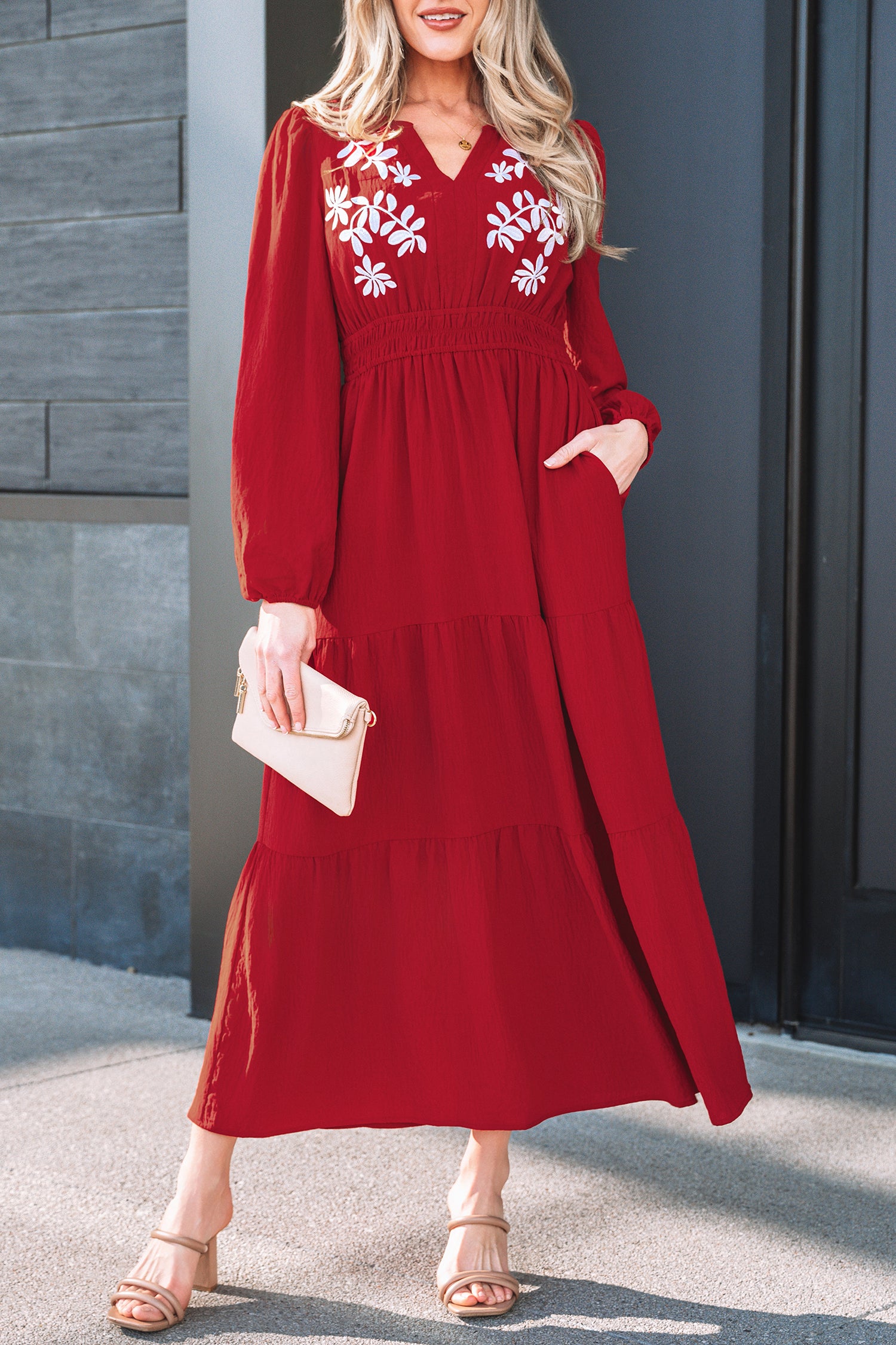 Racing Red Embroidered Cinched Waist Tiered Long Sleeve Maxi Dress S-XL