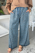 Shop Blue Leopard Print Exposed Seam Wide Leg Drawstring Jeans UK 8-20 at LivelyLooks