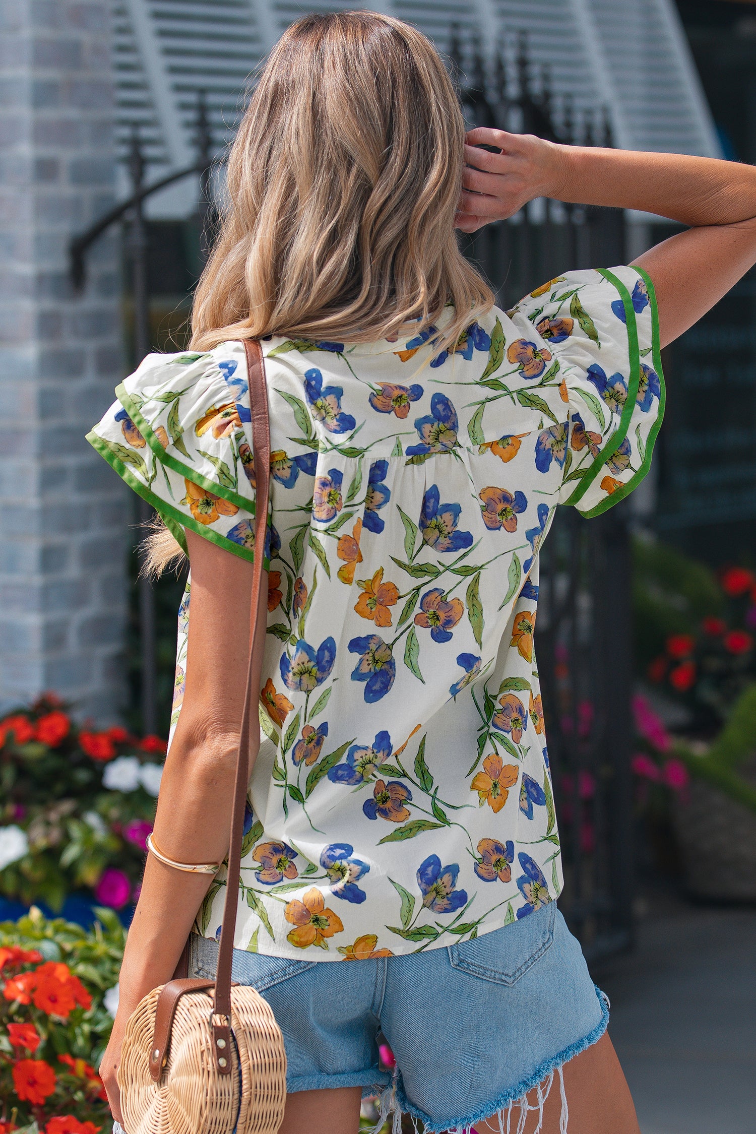 Women's Green Floral Ruffle V-Neck Pressed Pleats Cotton Blouse at LivelyLooks