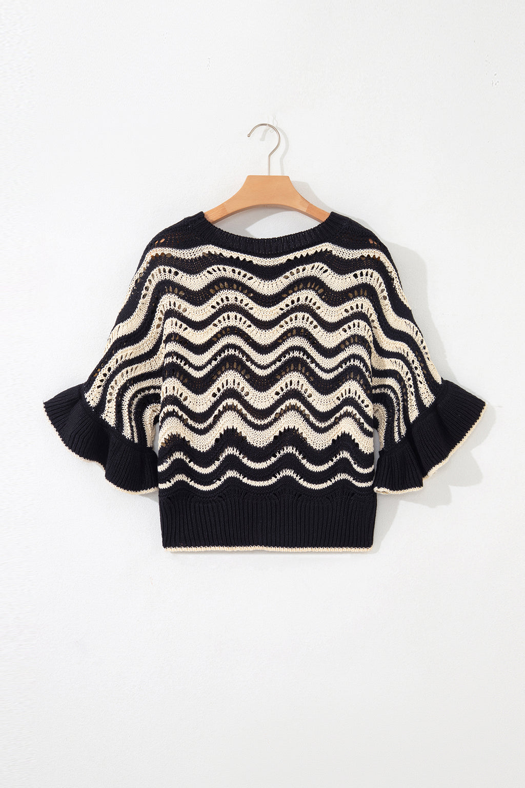 Shop Black Stripe Wavy Crochet Eyelet Detail Ruffle Half Sleeve Sweater at LivelyLooks