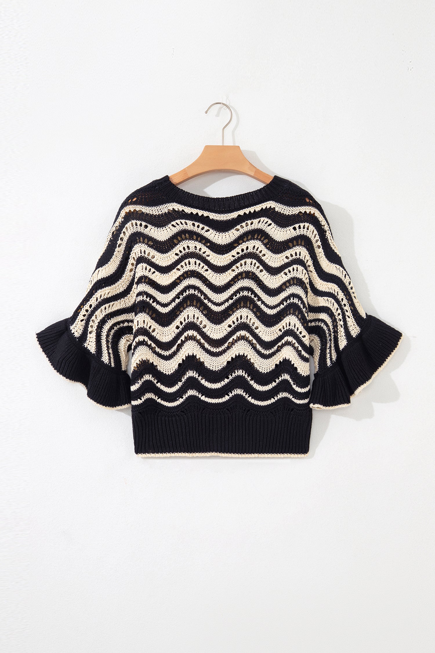 Shop Black Stripe Wavy Crochet Eyelet Detail Ruffle Half Sleeve Sweater at LivelyLooks