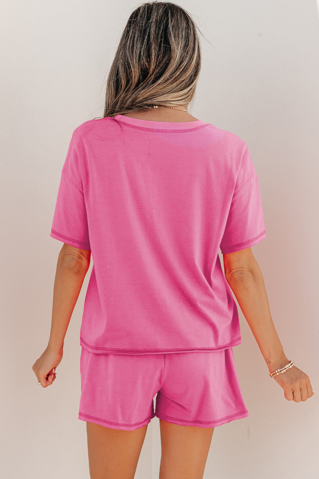 Bright Pink Seam Detail Raw Edge Tee & Rainbow Waistband Shorts Co-ord Set