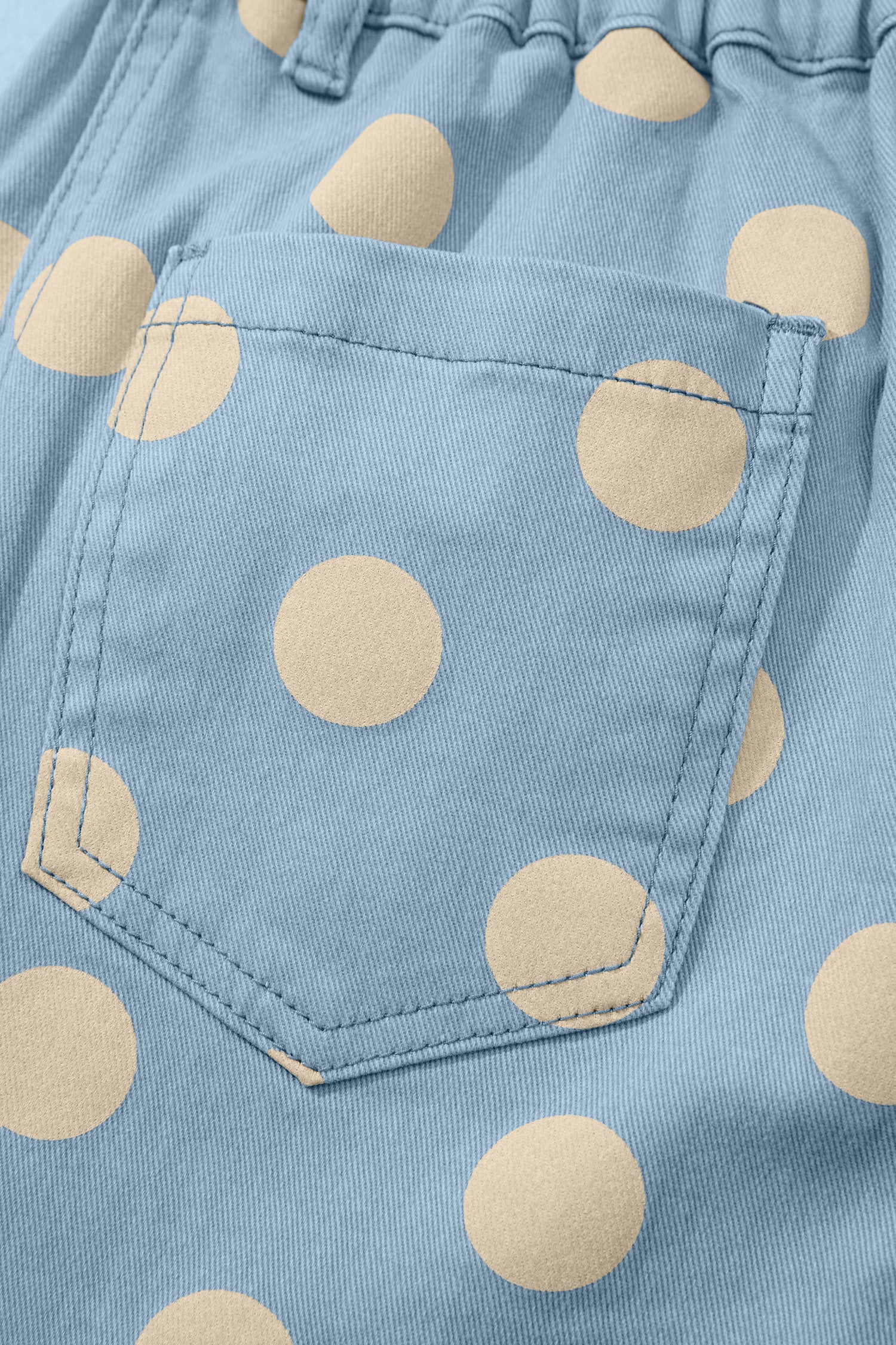 Polka Dot Print Bow Detail Pocketed Loose Jeans | White & Sky Blue