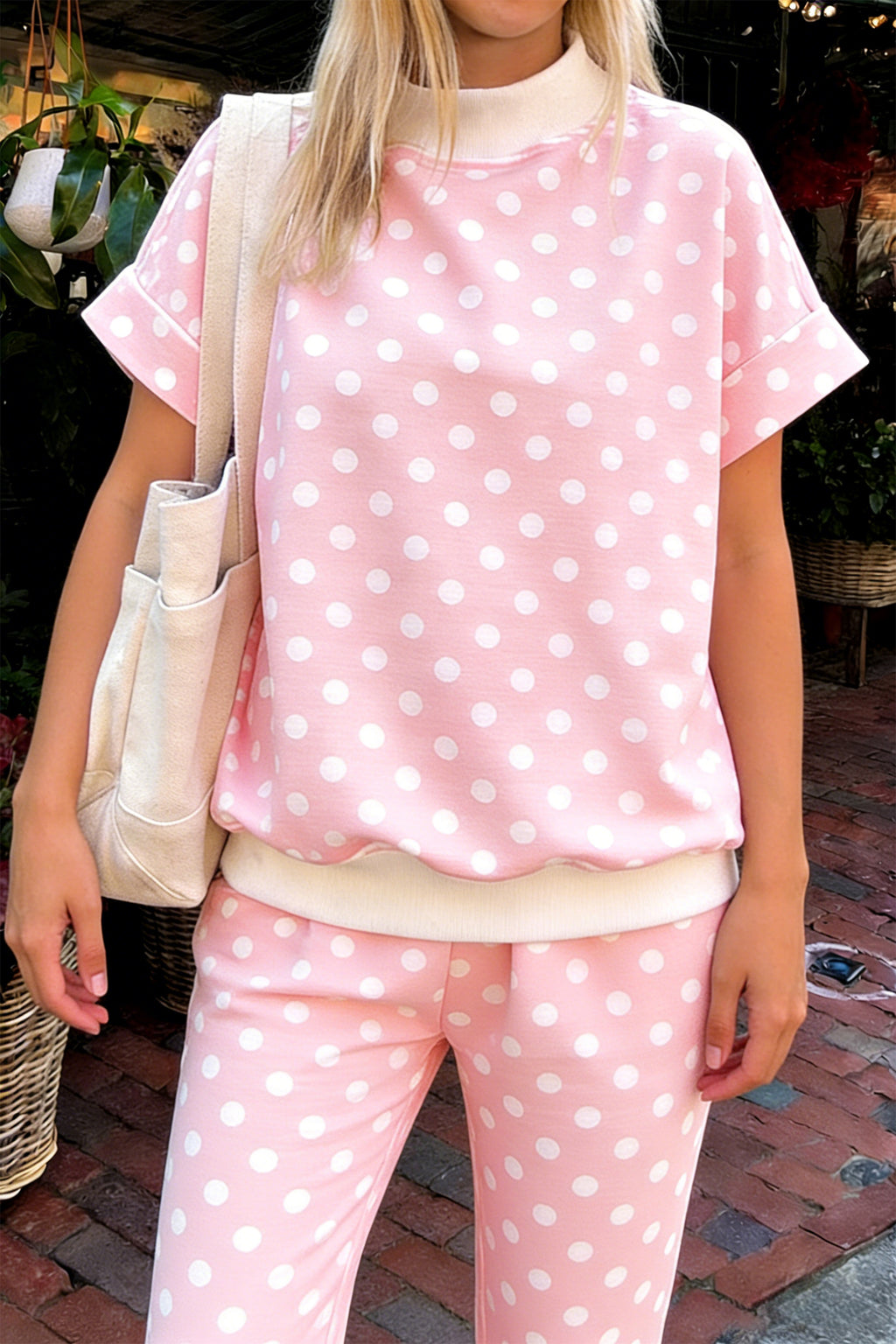 Women's Pink Polka Dot Mock Neck Short Sleeve Top & Shift Pant Co-ord Set S-XL at LivelyLooks