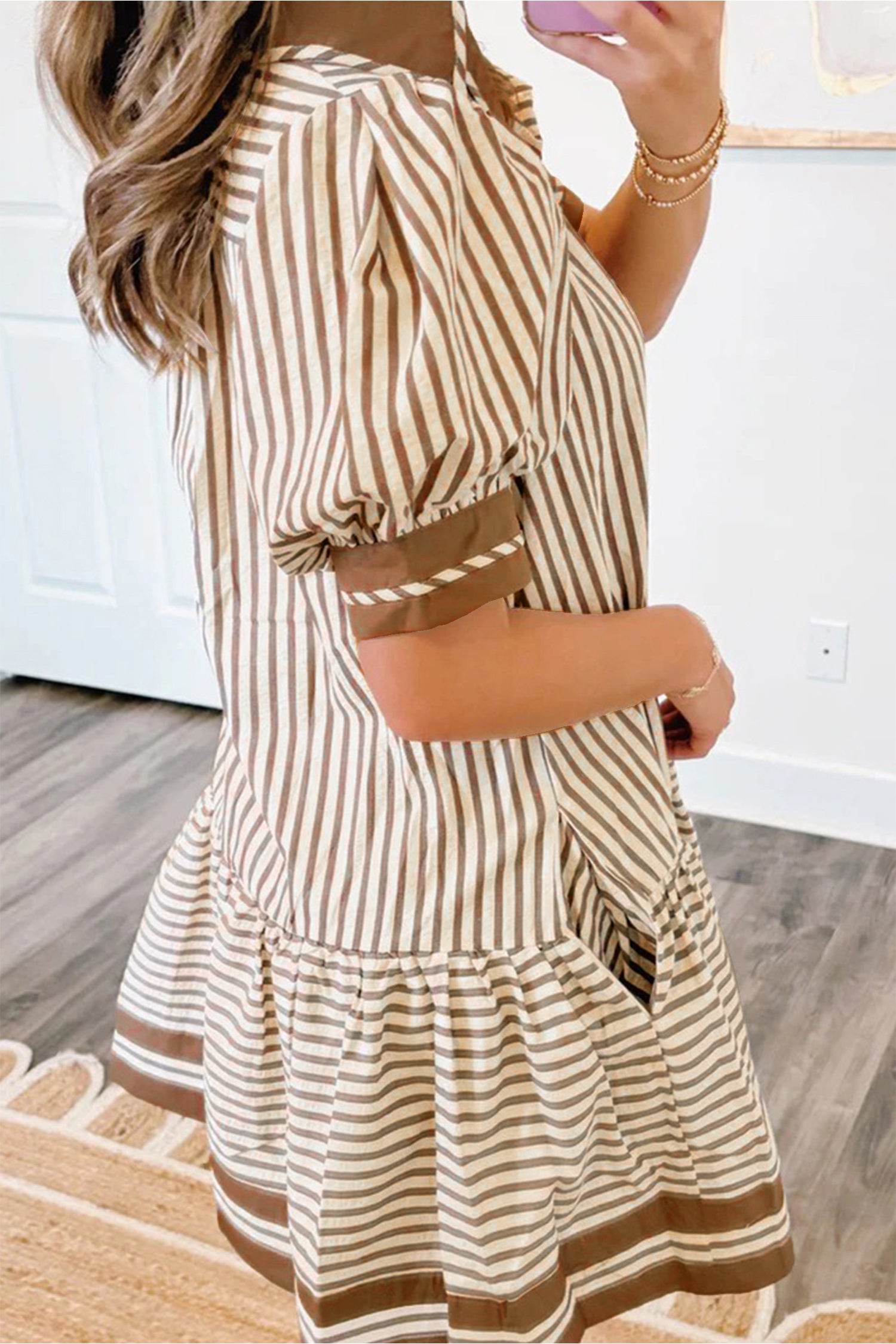 Brown Stripe Colour Block Ruffle Hem Shirt Collar Mini Dress S-XL