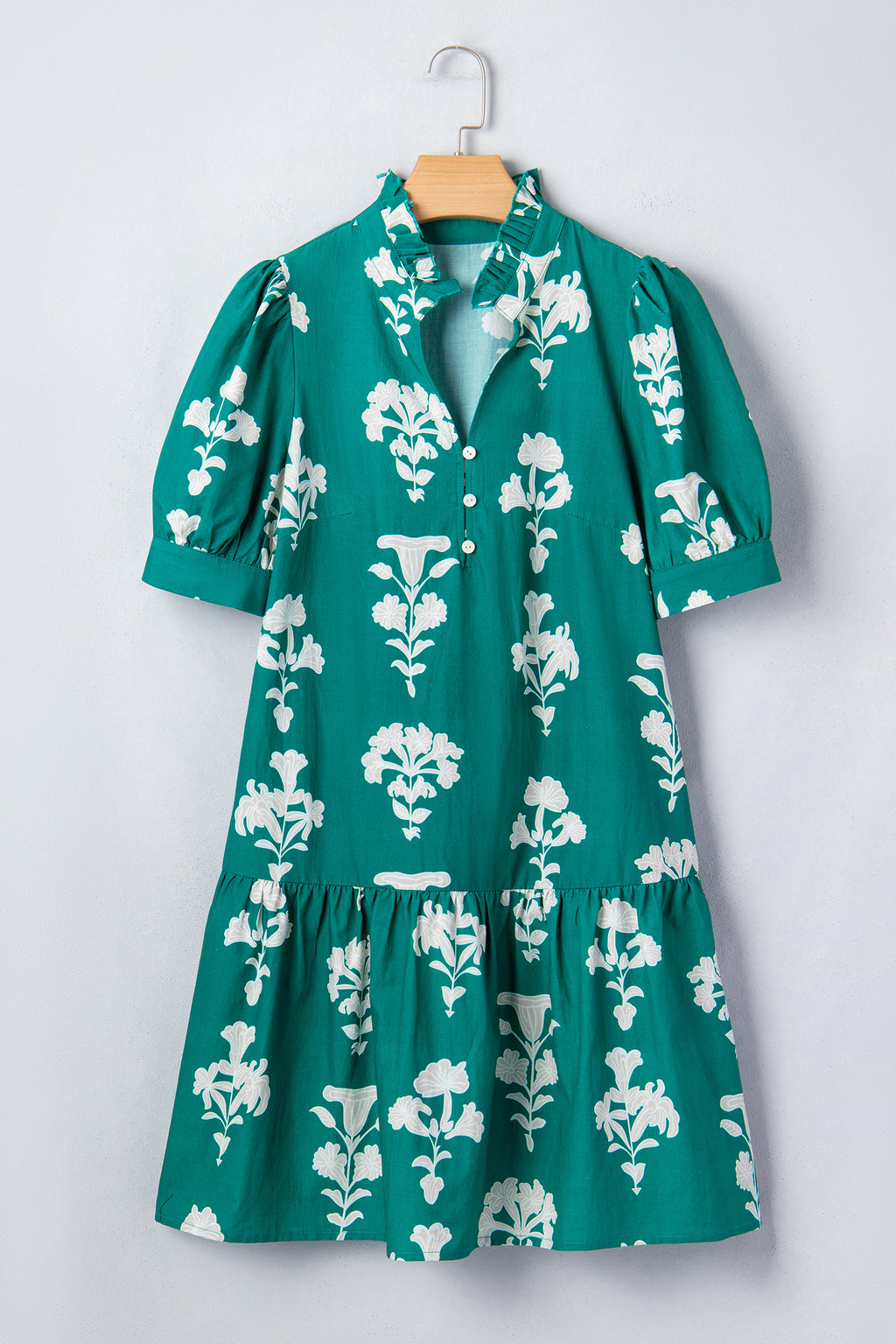 Black & Green Frilled V Neck Puff Sleeve Floral Mini Dress S-XL