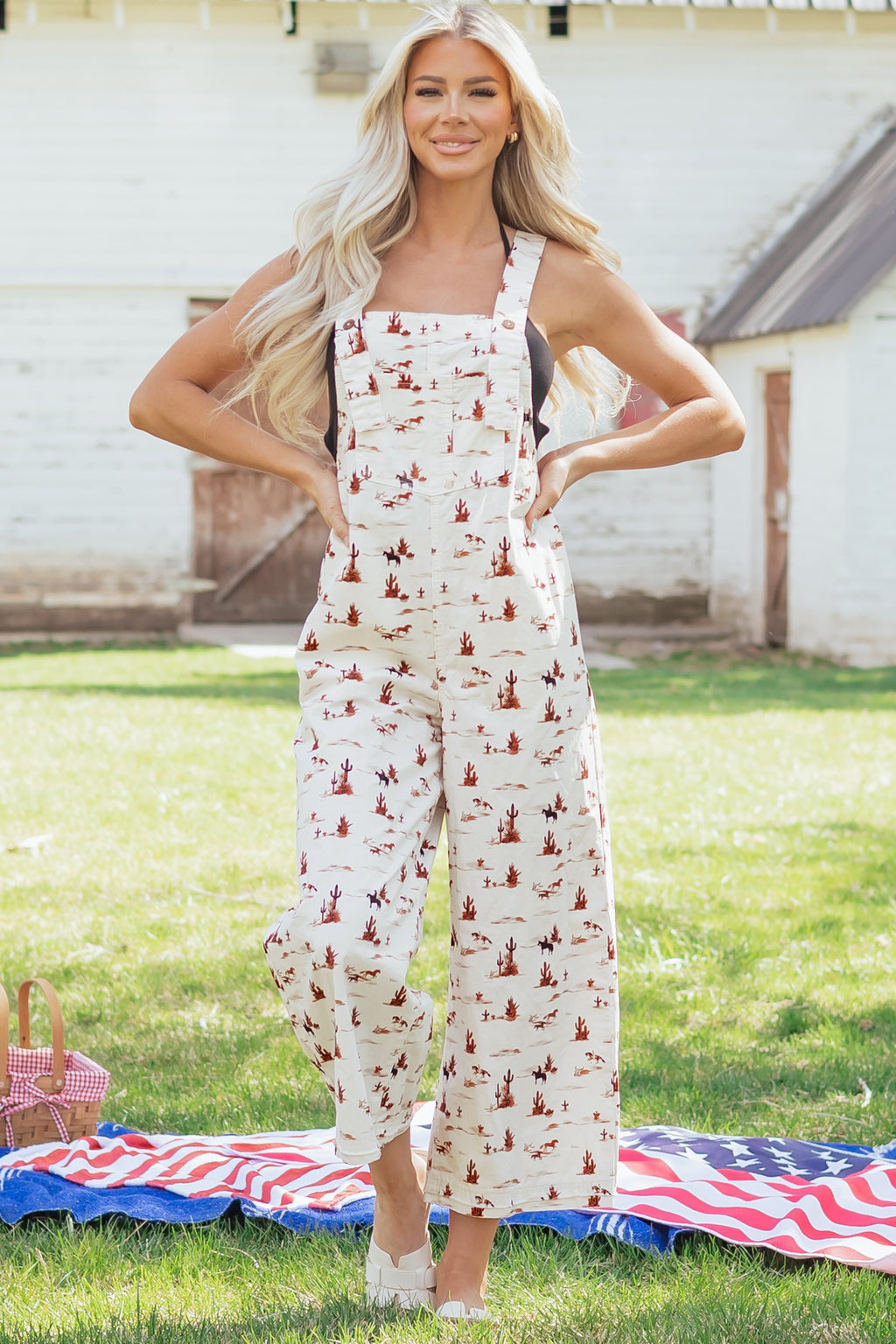 Beige Western Print Adjustable Strap Loose Dungaree Jumpsuit