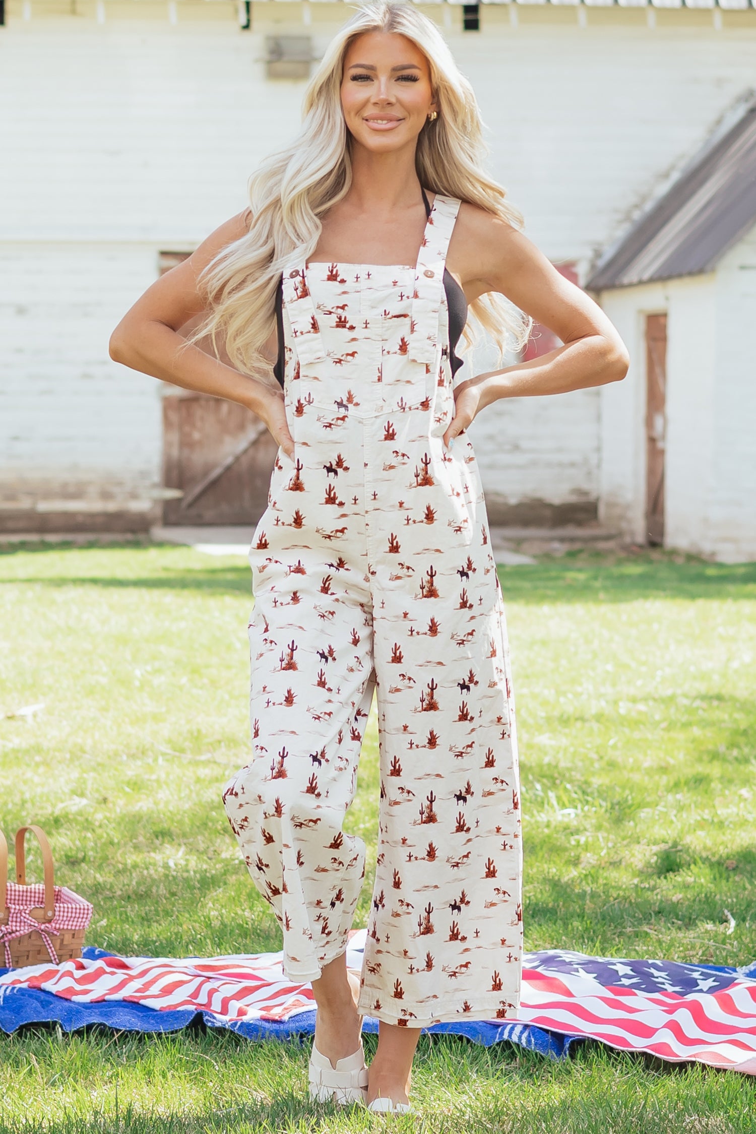 Beige Western Print Adjustable Strap Loose Dungaree Jumpsuit
