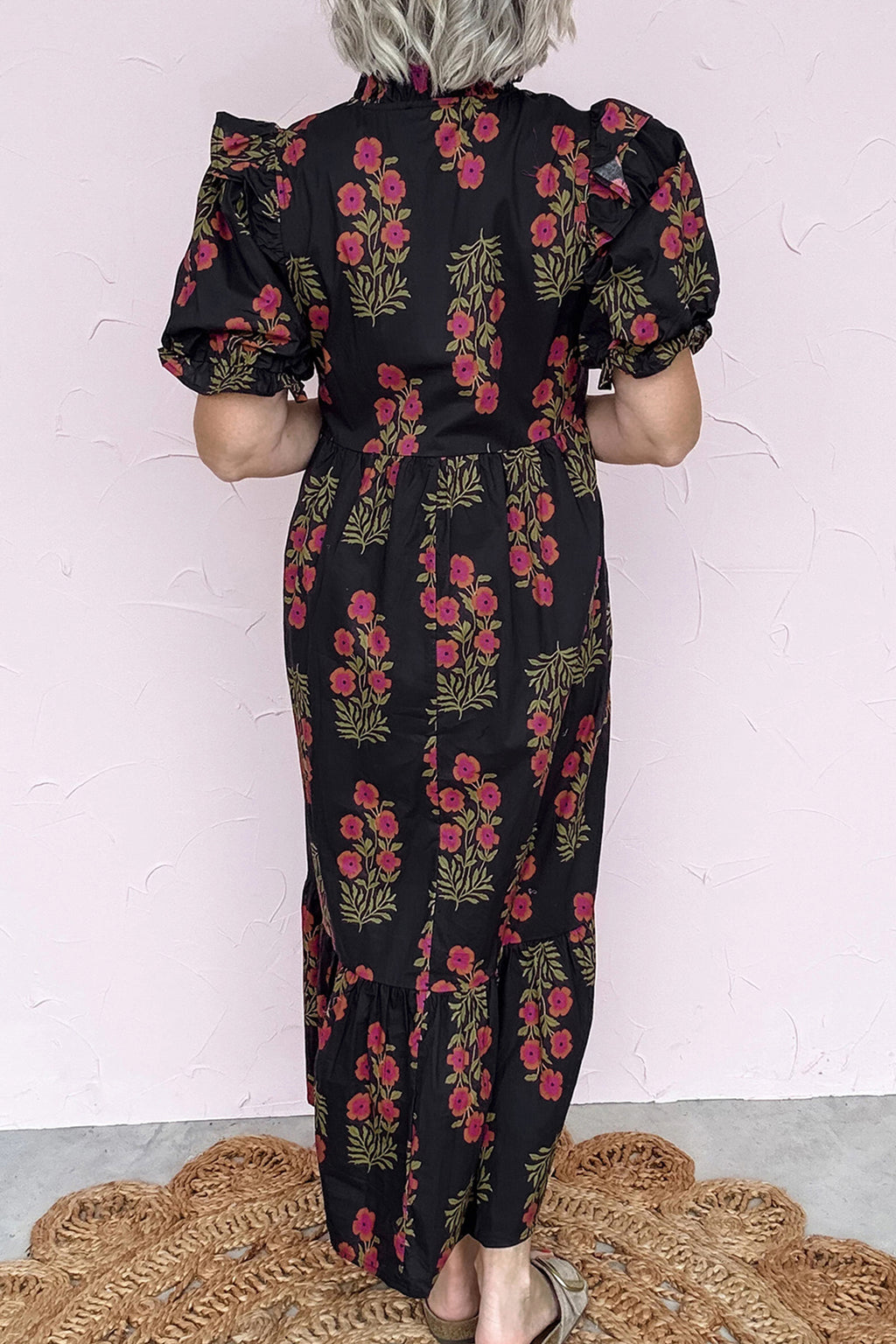 Floral Tiered Maxi Dress Bubble Sleeve Beige Black Women S-XL