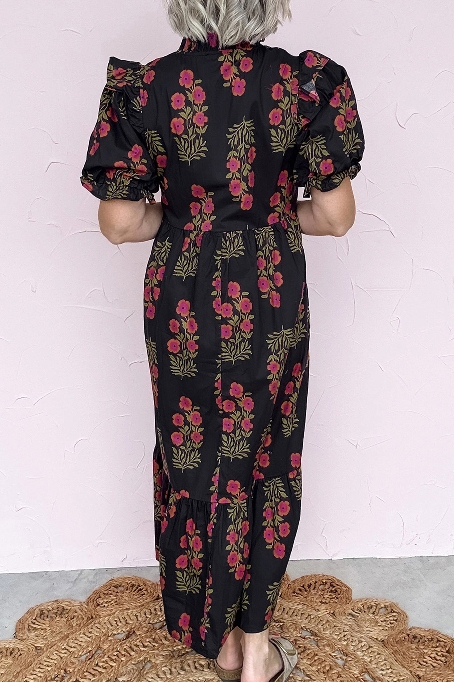 Floral Tiered Maxi Dress Bubble Sleeve Beige Black Women S-XL