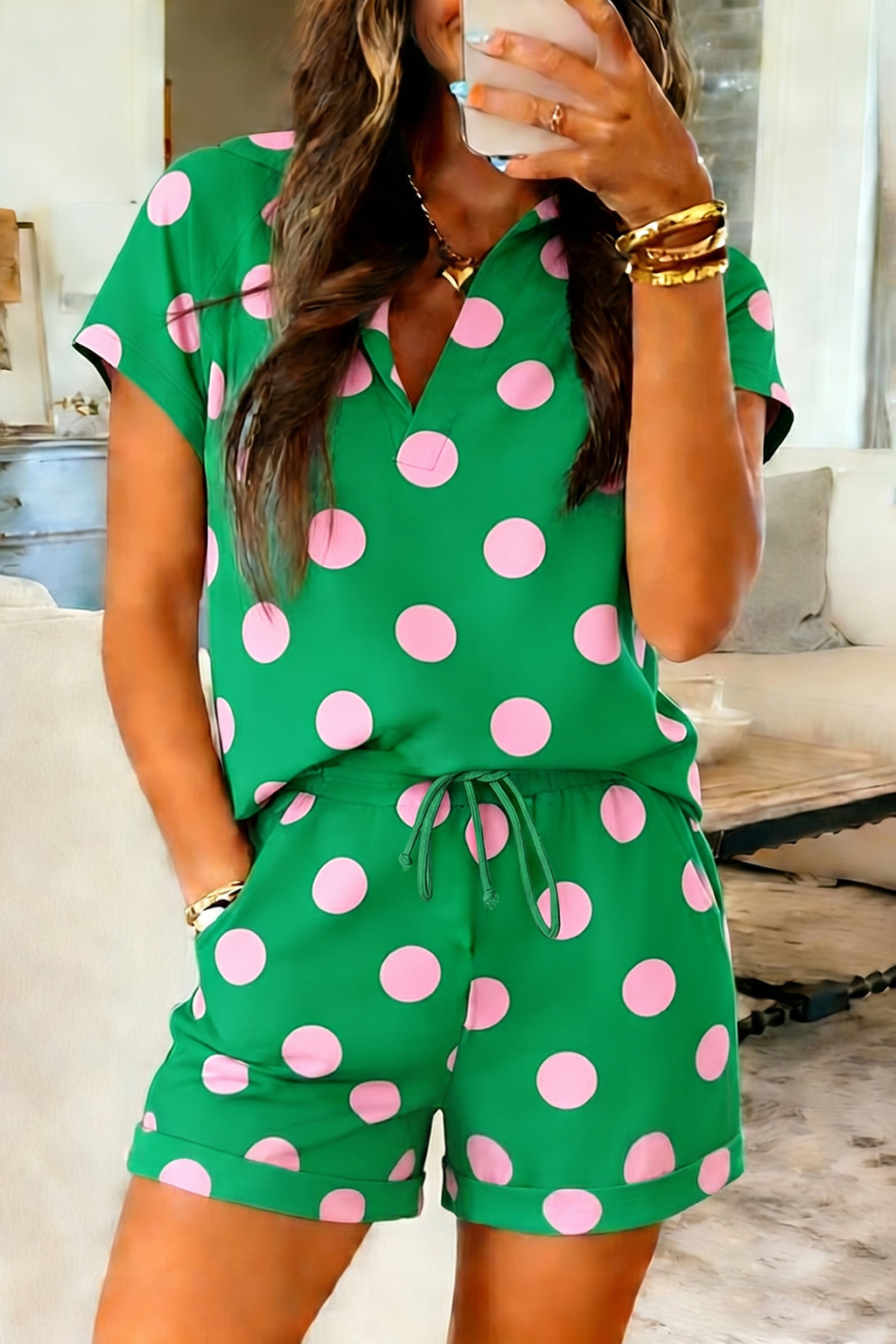 LivelyLooks Polka Dot V-Neck Tee & Shorts Co-ord Set | Green, Pink & Beige S-XL women's fashion