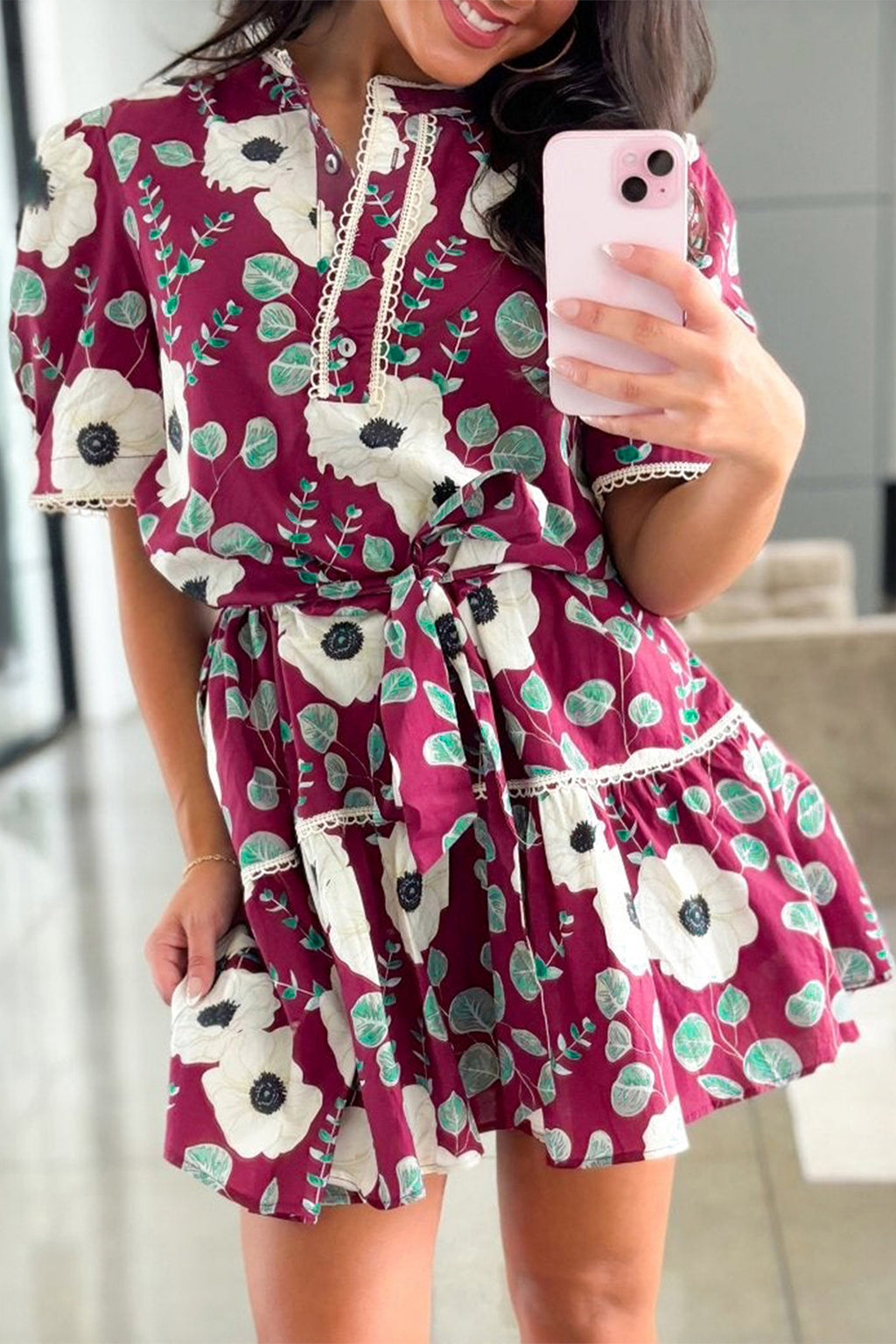 Red Floral Print Trimmed Short Puff Sleeve Belted Mini Dress | UK 8–22