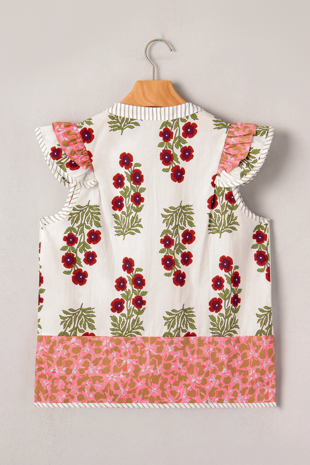 White Floral Print Flutter Blouse Contrast Striped Trim Cotton Women S-XL