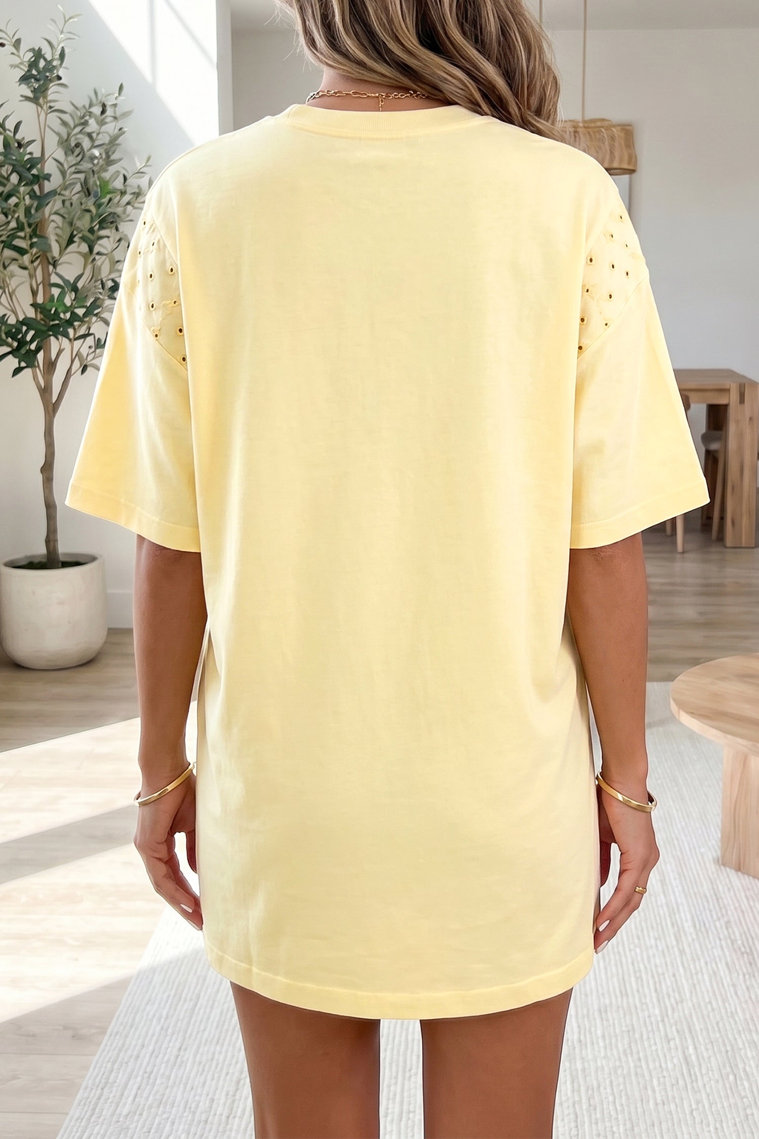 Yellow Cream Eyelet Embroidered Lace Sleeve Loose T-Shirt Dress