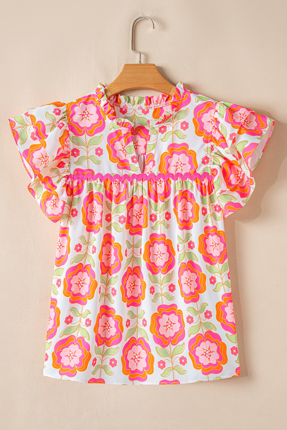 Women's Pink Floral Ruffled Sleeve Ric-rac Trim Split Neck Loose Blouse Summer Holiday Top at LivelyLooks