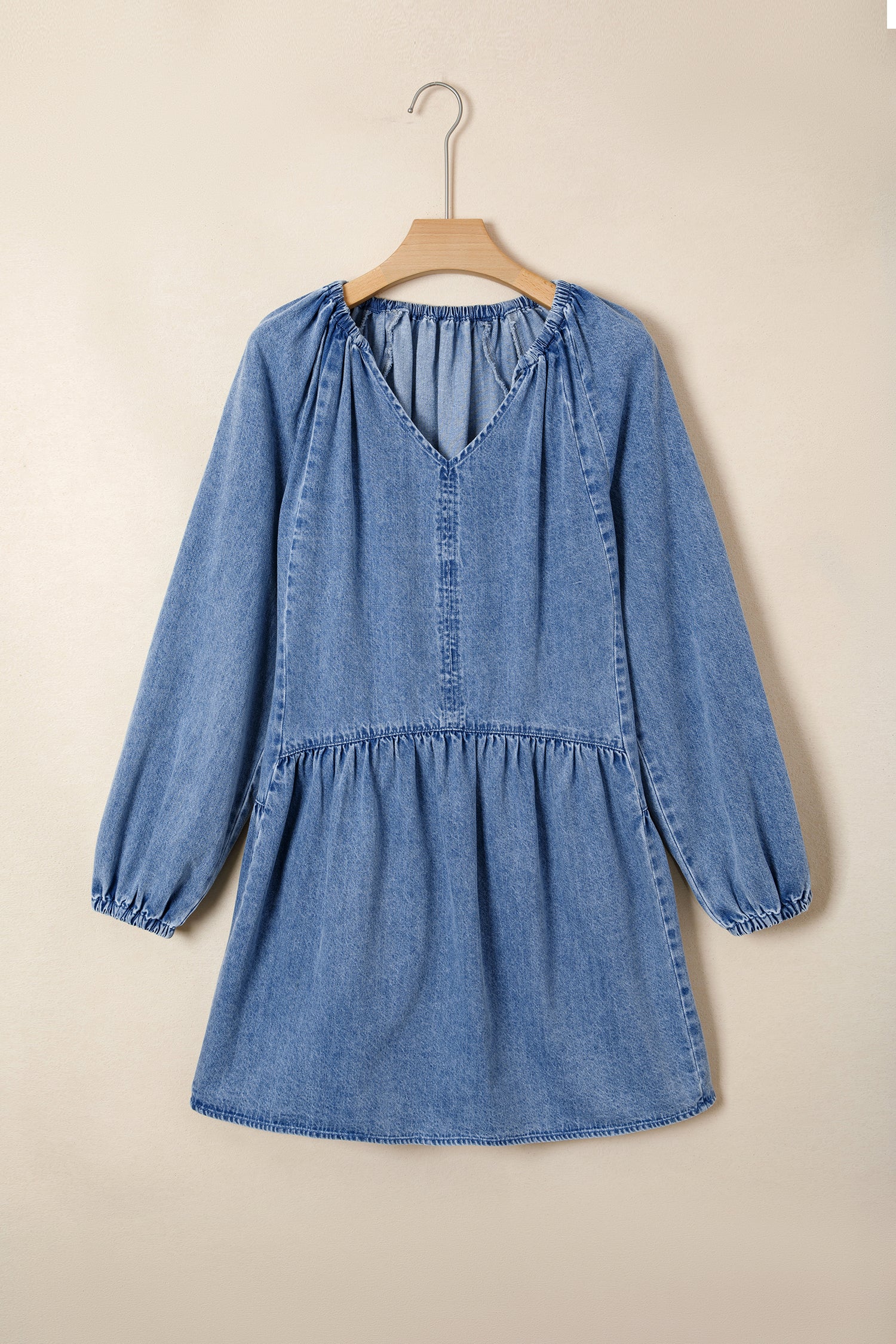 LivelyLooks Blue Denim Puff Sleeve V-Neck Ruffled Mini Dress women's fashion