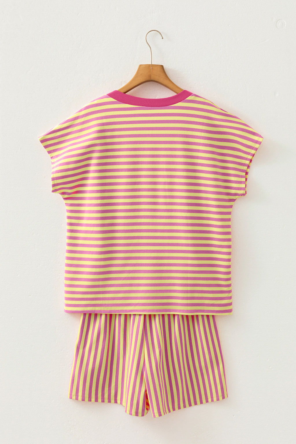 Stripe Colour Block V Neck Tee & Drawstring Shorts Set Pink Green Women S-XL