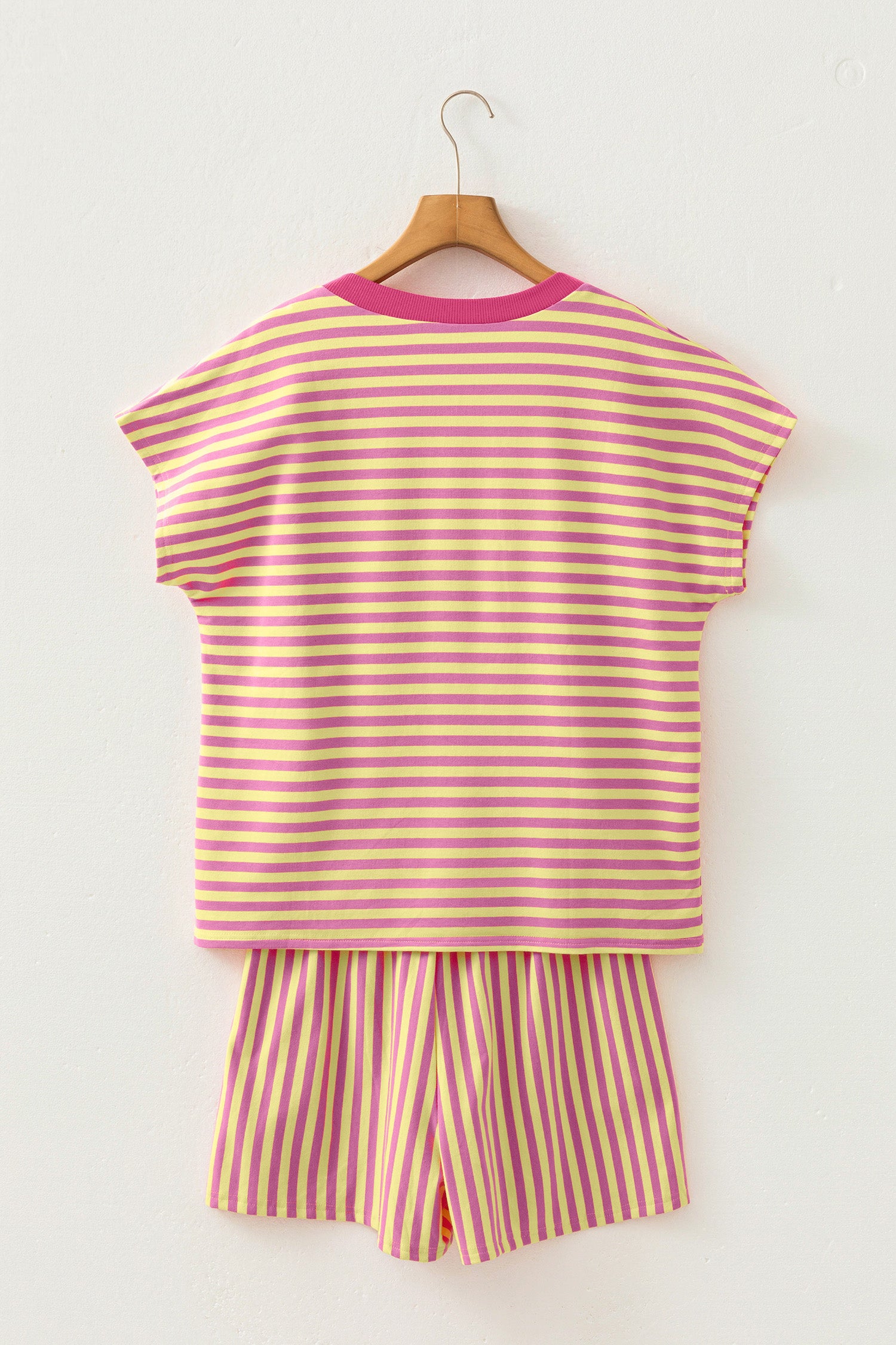 Stripe Colour Block V Neck Tee & Drawstring Shorts Set Pink Green Women S-XL