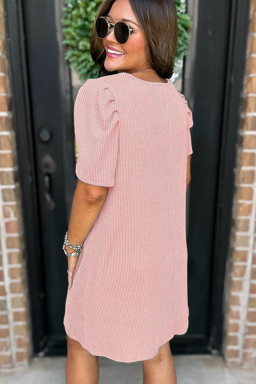 Corded Knit Crew Neck Puff Sleeve Shift Mini Dress S-XL
