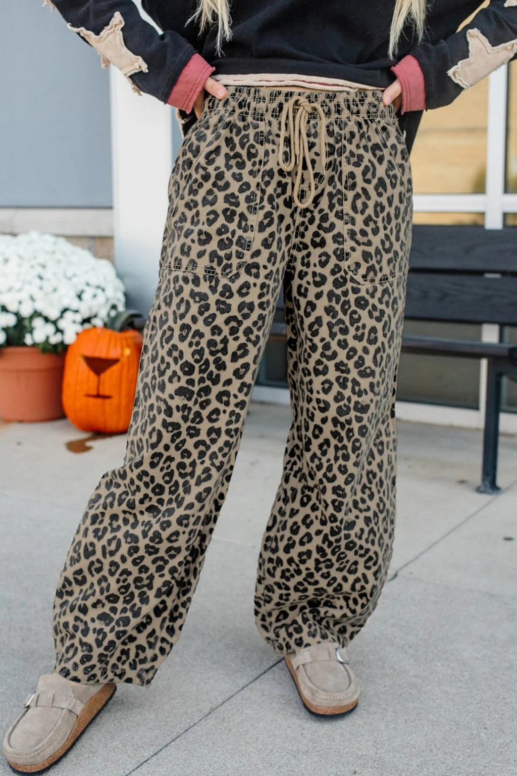 Women's Khaki Leopard Print Loose Denim Jeans Drawstring Elastic Waist UK 4-16