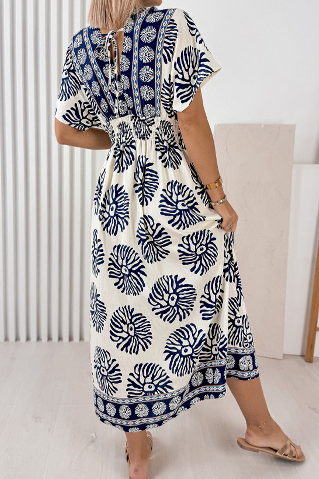 Blue Boho Floral Contrast Patchwork V-Neck Tie Waist Dolman Maxi Dress