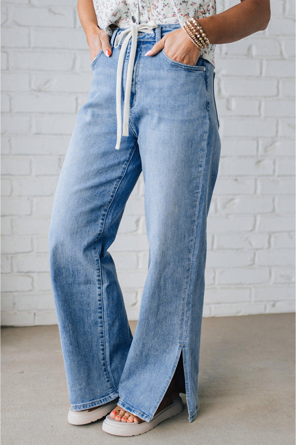 Shop Myosotis Slit Leg High Rise Drawstring Casual Jeans at LivelyLooks